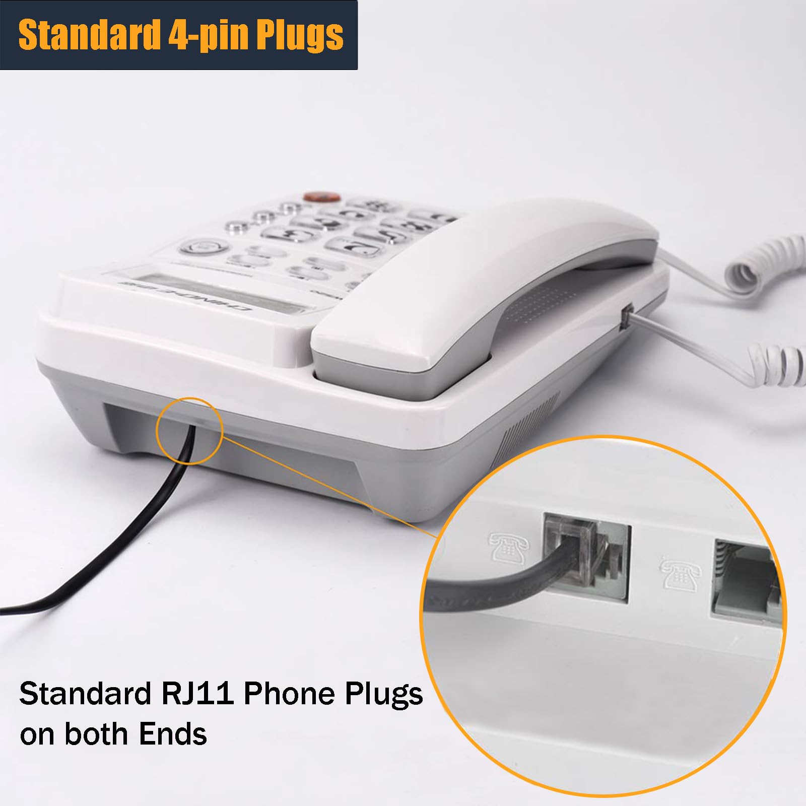 25FT Telephone Extension Cord Cable with RJ11 6P4C Plugs - 2 Pack Black Landline Phone Line Wire Includes Cable Clips - Perfect for Home Office, Business Phones & Fax Machines