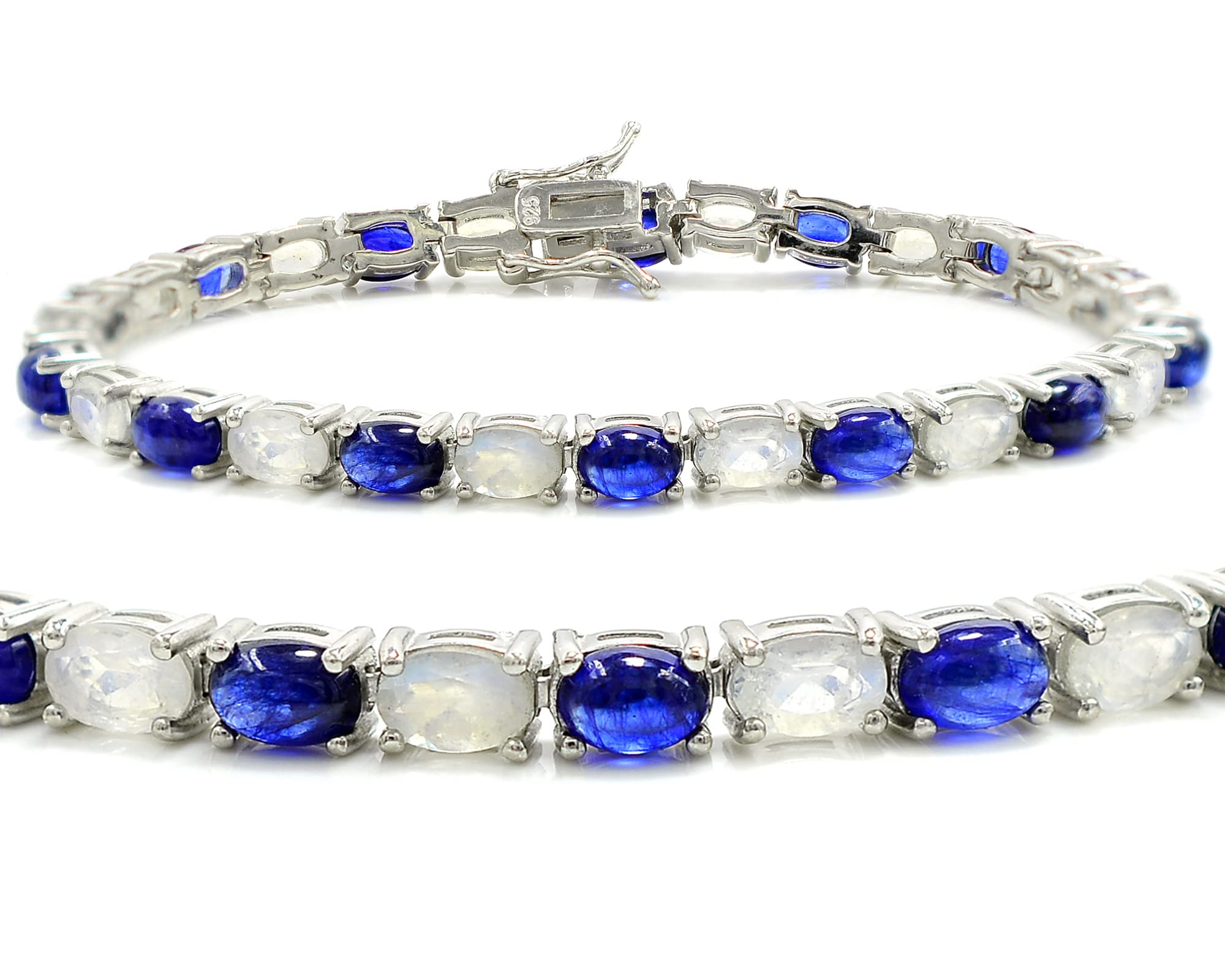 6x4mm Oval Natural Blue Sapphire & Rainbow Moonstone Tennis Bracelet - 925 Sterling Silver Double Birthstone Jewelry for Wedding, Bridal Gift, Christmas Present - Perfect for Anniversaries, Date Nights & Special Occasions