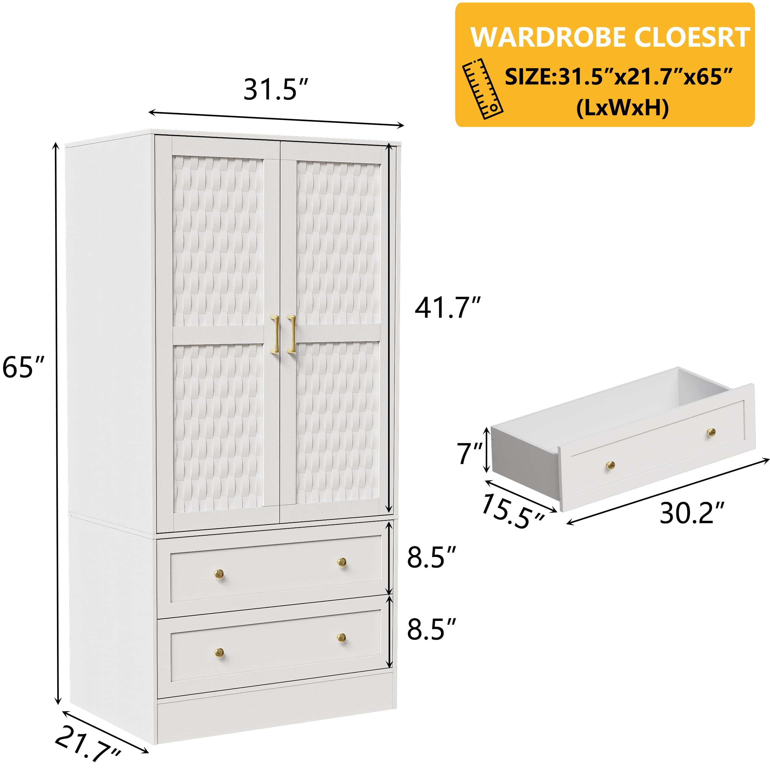 PAKASEPT Wooden Armoire Wardrobe with 2 Woven Doors - Freestanding Closet Cabinet with Drawers & Hanging Rod - Bedroom Storage Organizer for Clothes, Shoes & Accessories | Perfect for Small Spaces, Apartments & Dorm Rooms