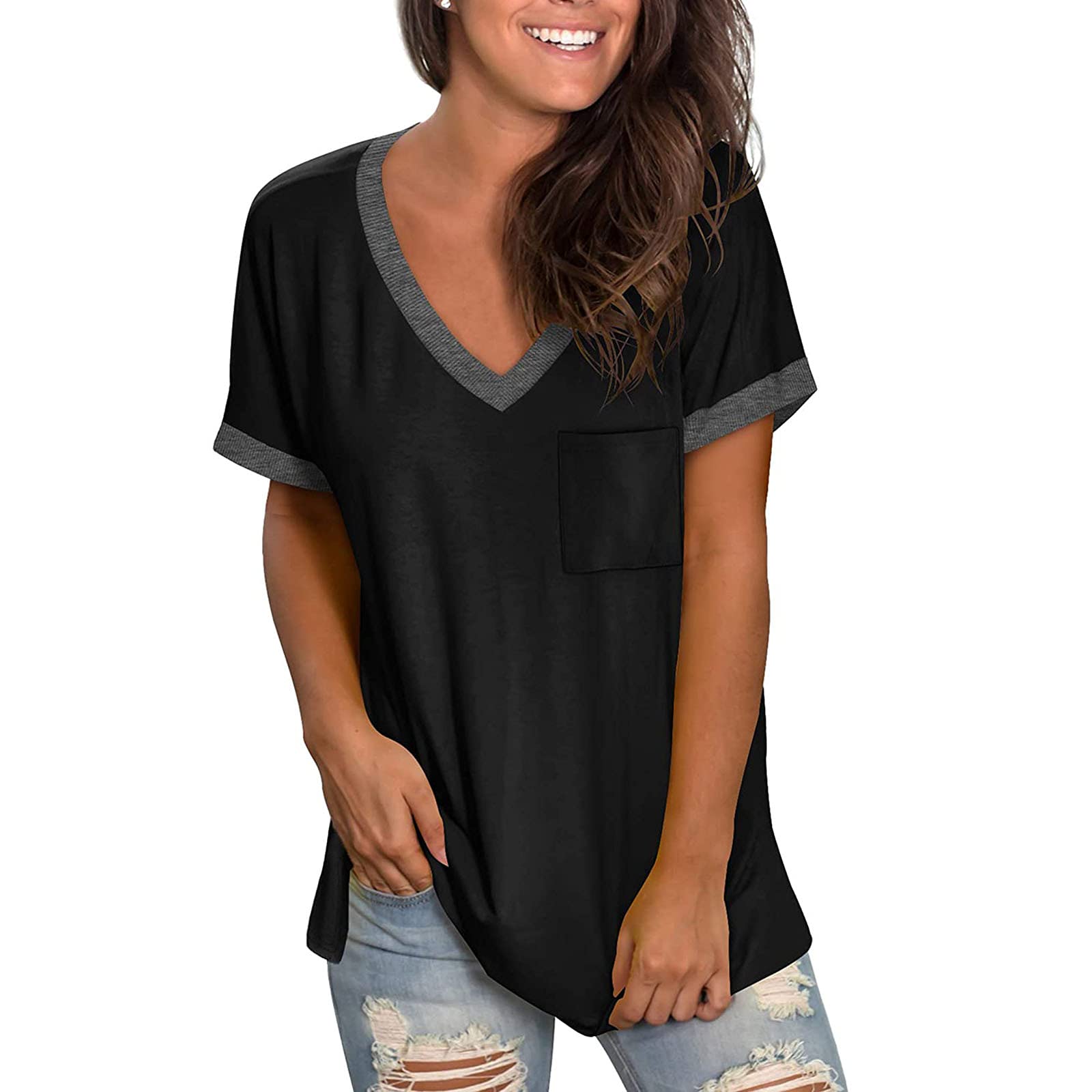 FMCHICO Women's Basic V-Neck Short Sleeve T-Shirt - Soft Cotton Casual Tee for Summer | Perfect for Everyday Wear, Outfits & Layering