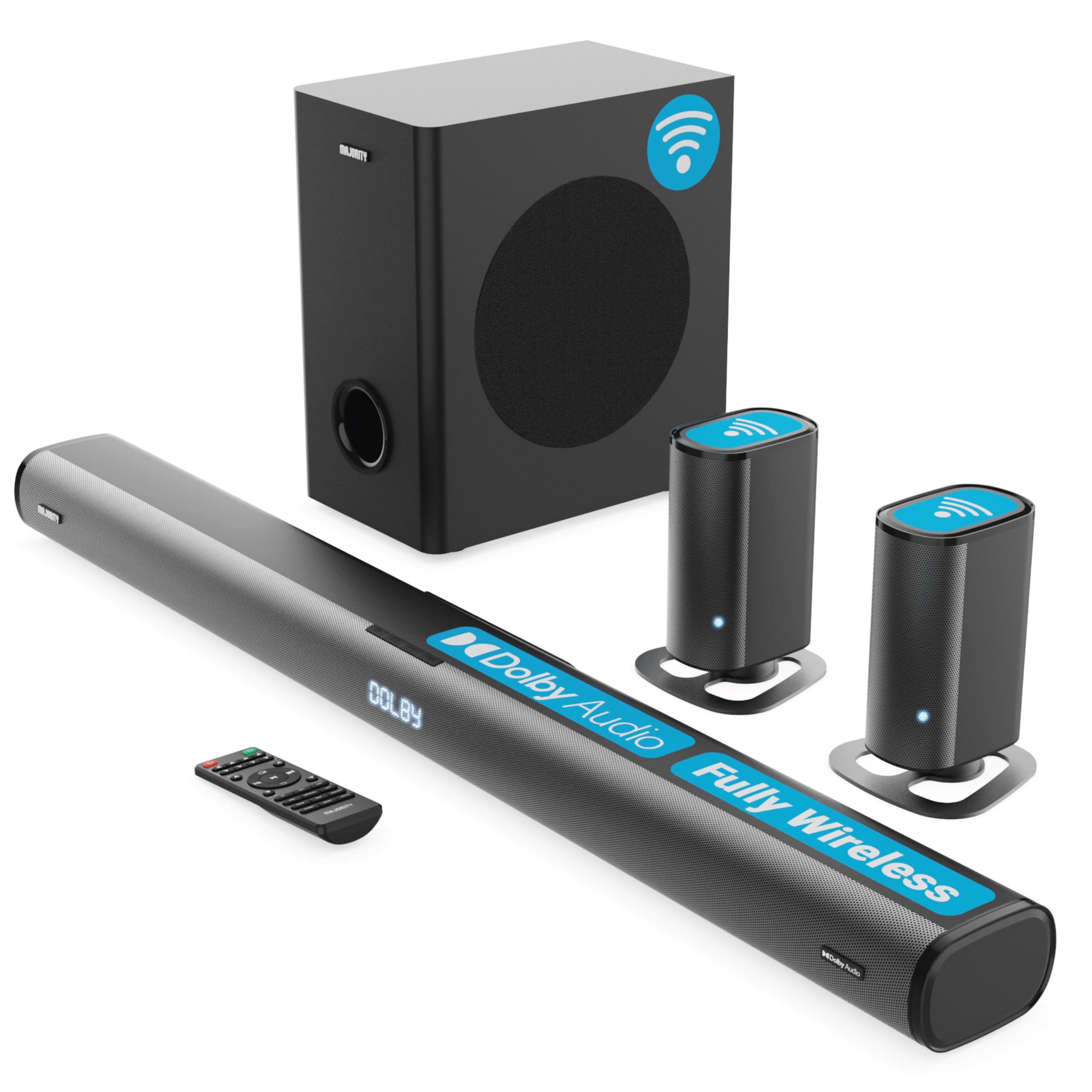 Majority Everest Arc 5.1 Wireless Home Theater System - Dolby Audio Soundbar with 300W Subwoofer & Detachable Satellite Speakers | Optical/AUX/HDMI Connectivity for Smart TVs - Perfect for Movie Nights & Gaming Setup