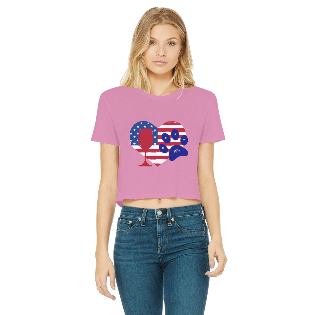 WineyBitches.Co Women's Cropped Raw Edge T-Shirt with Heart Paw Print - American Wine Lover Tee for Casual Outfits, Girls Night Out & Wine Tasting Events