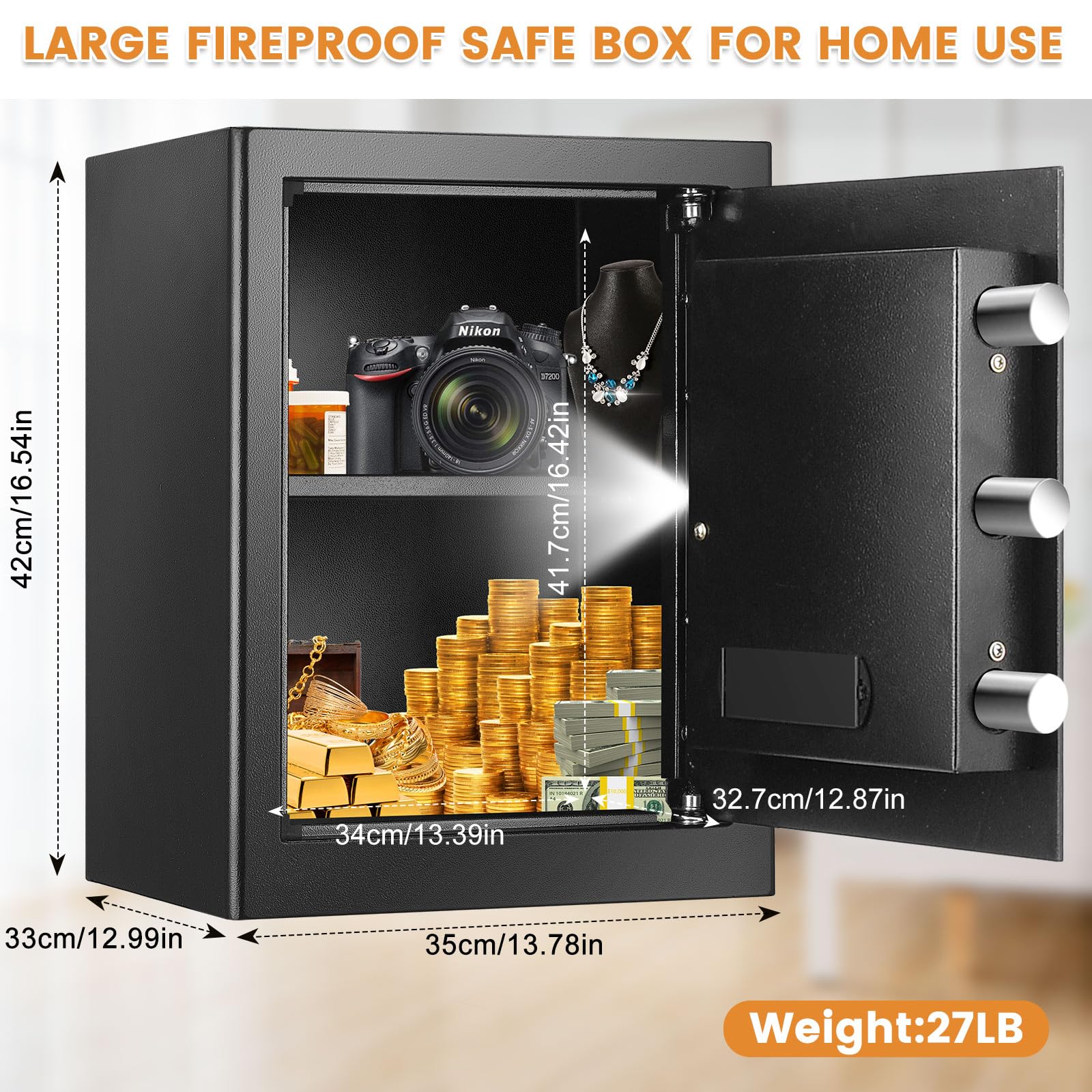 Fireproof Safe Box for Home - Digital Security Safe with Combination Lock, Fireproof & Waterproof for Money, Medicine, Documents & Valuables - Ideal for Home, Office & Emergency Use
