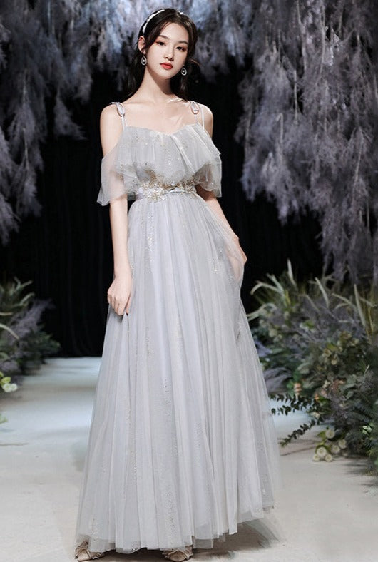 Elegant Gray A-Line Long Prom Dress - Shiny Formal Party Gown for Bridesmaid & Evening Events - Perfect for Homecoming, Wedding, and Special Occasions