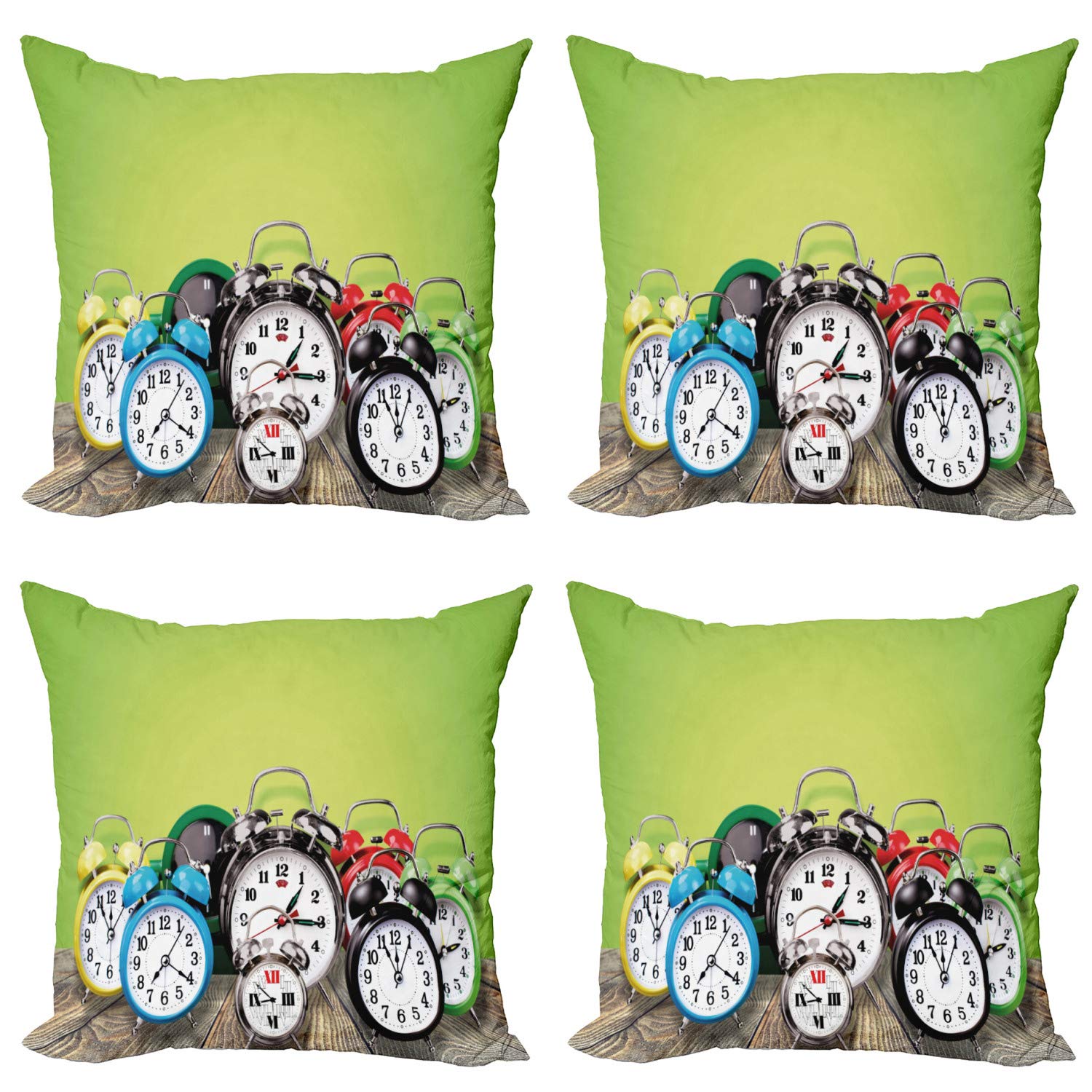 Ambesonne Vintage Alarm Clock Throw Pillow Covers Set of 4 - 20 Inch Double Sided Digital Printed Decorative Cushion Cases with Nostalgic Wooden Clock Design in Lime Green - Perfect for Living Room Sofa, Bedroom Decor or Gift Idea