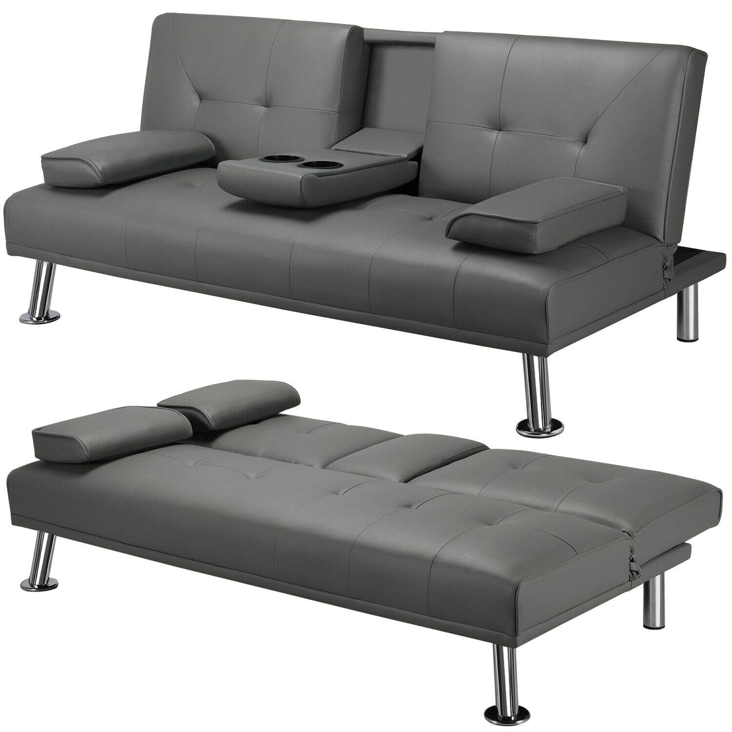 Dark Grey Faux Leather Convertible Futon Sofa Bed with Cup Holders & Recliner - Space Saving Sleeper Couch with Metal Legs for Living Room, Bedroom & Studio Apartments | Modern Multifunctional Furniture for Small Spaces, Guest Rooms & Home Offices