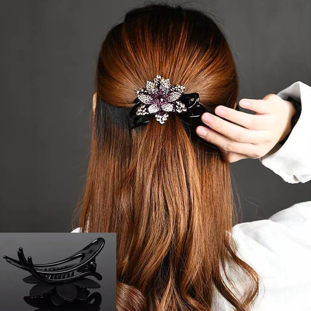 6 Pack Rhinestone Crystal Double Flower Hair Clips for Women & Girls - Non-Slip Duckbill Hairpins with Teeth for Thick Long Hair - Elegant Hair Accessories for Weddings, Parties & Daily Styling