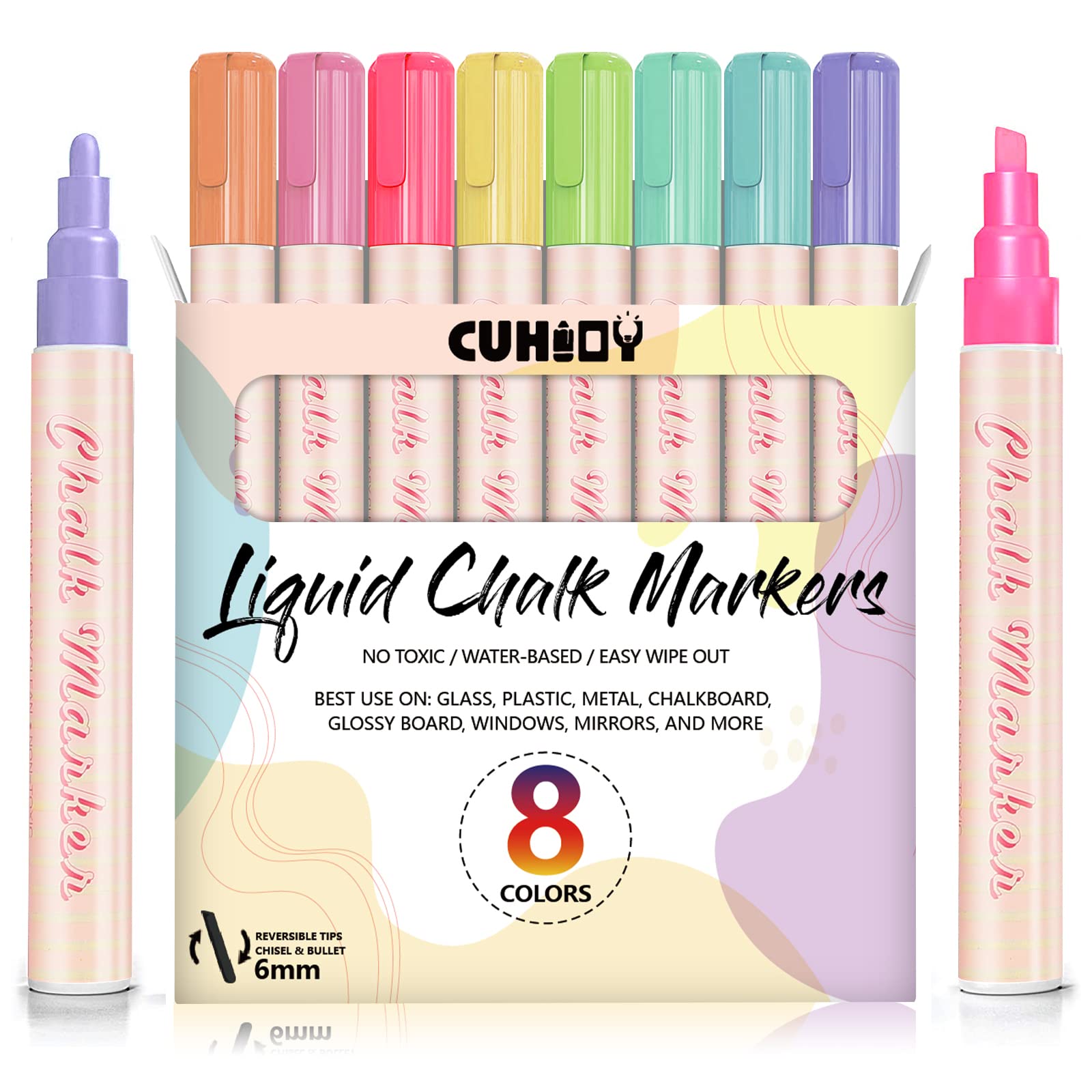 CUHIOY Pastel Chalk Markers - 8 Color Liquid Dry Erase Markers for Blackboard & Glass, Reversible 6mm Tip Erasable Chalk Pens for Kids Drawing, DIY Window Art & Classroom Displays - Perfect Gift for Artists & Teachers