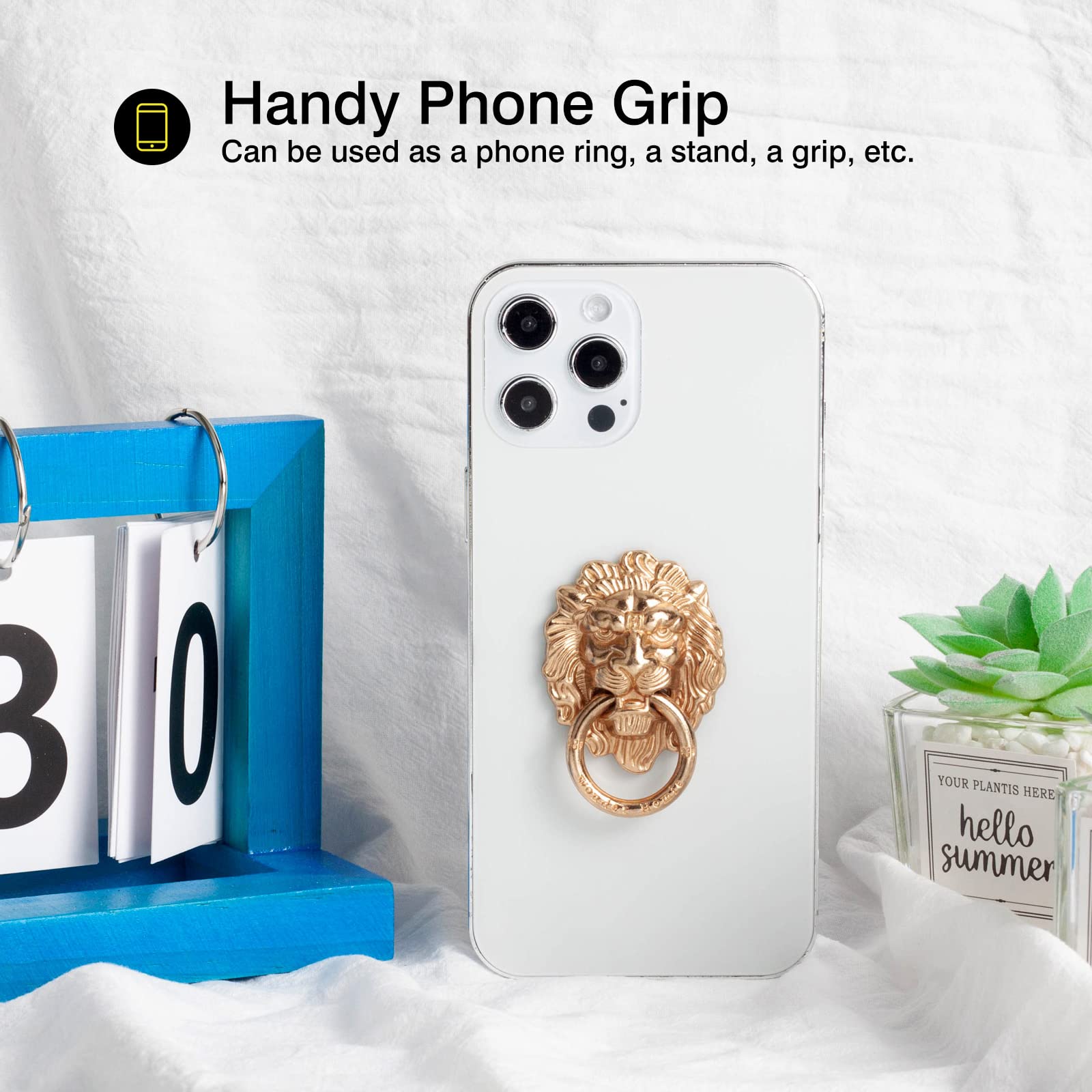 2 Pack Lion Head Cell Phone Ring Holder Stand - Polished Metal Phone Grip & Kickstand for iPhone, Samsung, Smartphones - Gold (Perfect for Selfies, Watching Videos & Secure Grip)