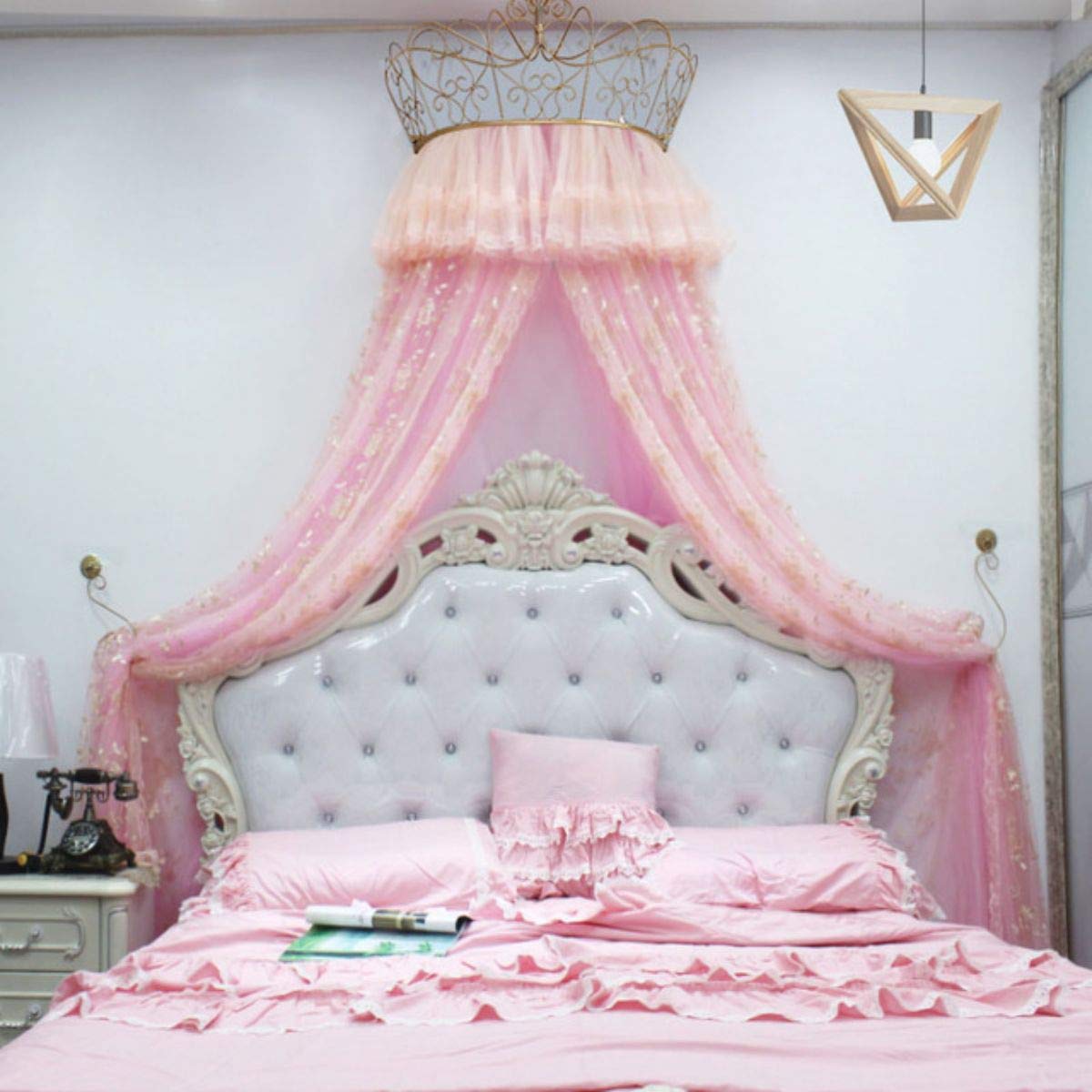 Princess Crown Bed Canopy - Retro Bed Curtain for Girls, Kids Room Decor, Romantic Yarn Net Bed Tent, Valance for 2.0m (6.6ft) Beds - Perfect for Princess Themed Bedrooms, Birthday Parties & Nursery Decor