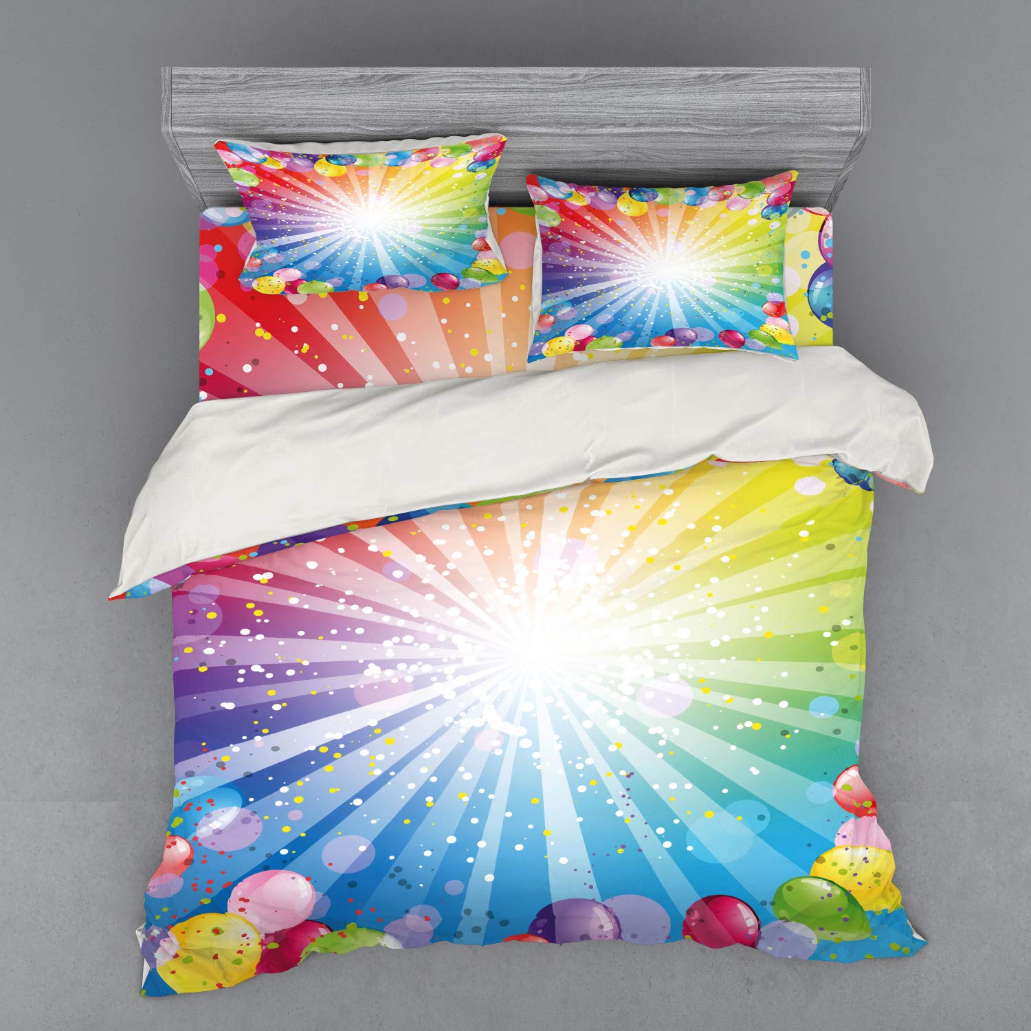 Ambesonne Birthday Duvet Cover Set - Striped Balloon Dot Celebration Pattern 4-Piece Bedding Set with Shams & Fitted Sheet, King Size Multicolor - Perfect for Birthday Parties, Kids Rooms & Festive Home Decor