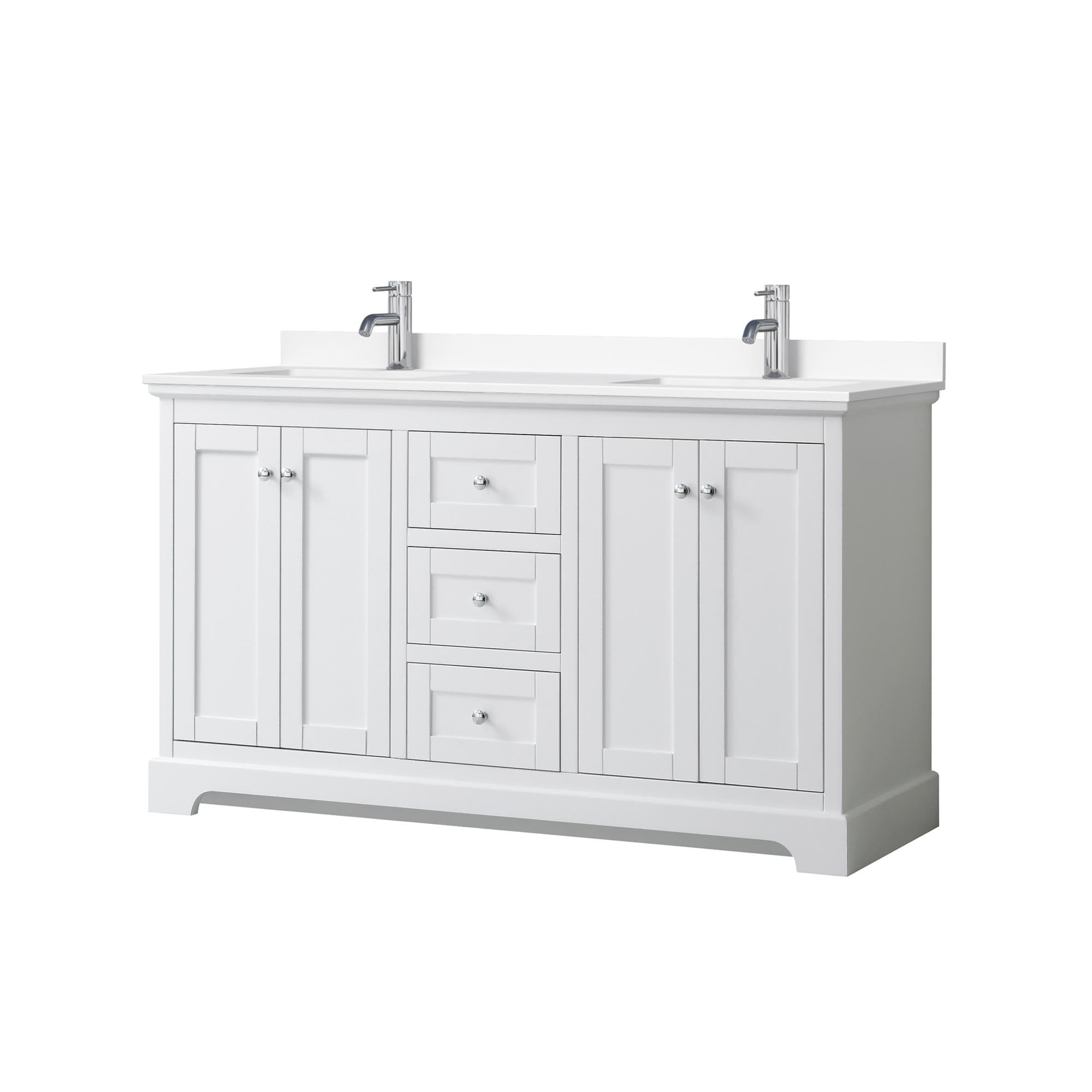 Avery 60 Inch White Double Bathroom Vanity with White Cultured Marble Countertop & Undermount Square Sinks - Modern Bathroom Furniture for Master Bath, Guest Bath, or Powder Room