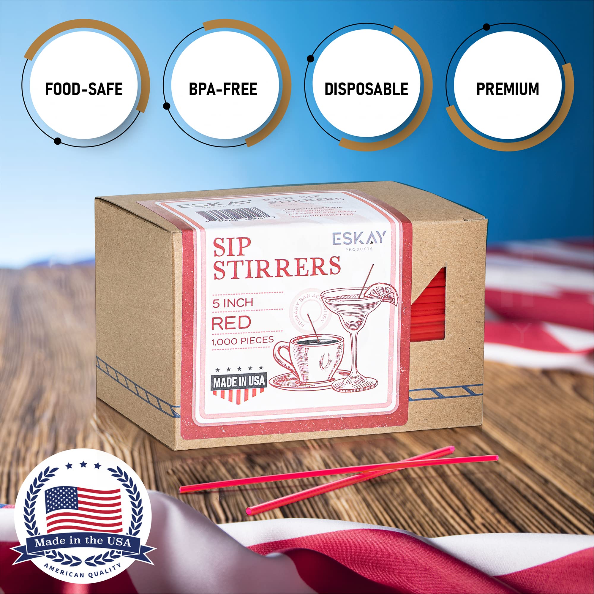 1000 Plastic Coffee Stirrers - 5 Inch Disposable Cocktail Straws & Stir Sticks for Coffee Bars, Restaurants, and Home Use - Made in USA (Red) - Perfect for Hot/Cold Beverages, Smoothies, and Party Drinks
