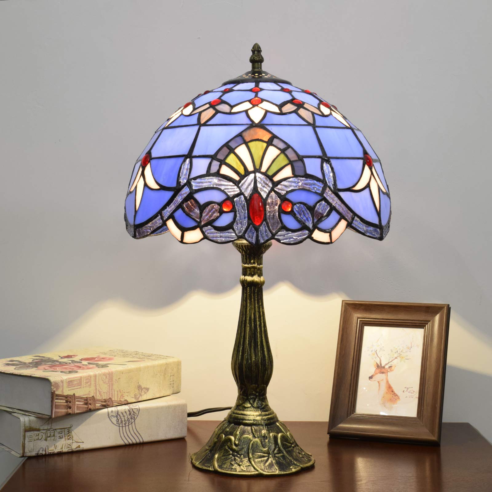 Tiffany Style Stained Glass Table Lamp - Blue Baroque Design for Bedroom, Living Room, Office & Dorm | Includes Light Bulb | Perfect for Reading, Decor & Gift Giving (12x12x18 Inches)