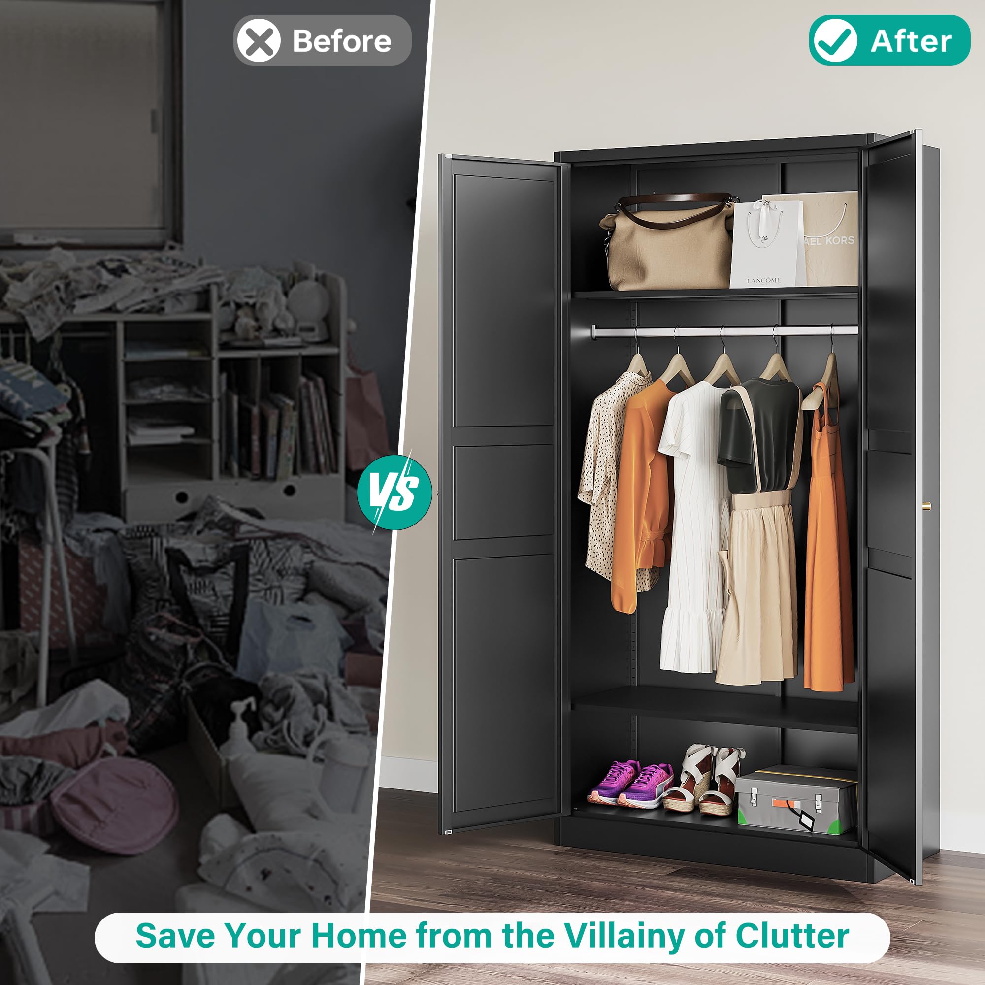 Black Metal Wardrobe Cabinet with Adjustable Shelves & Hanging Rod - 72