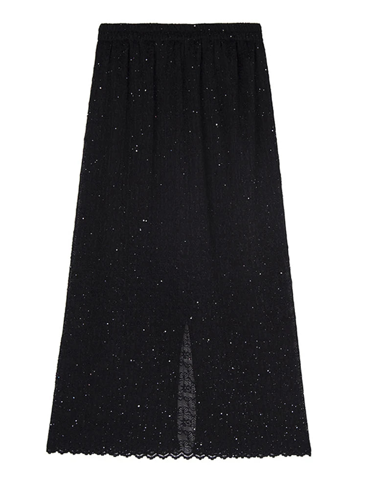 Black Lace T-Shirt & Back Slit Skirt 2-Piece Set - Round Neck Short Sleeve Women's Fashion Outfit for Spring Summer 2025 | Casual Wear, Date Night, Office Attire