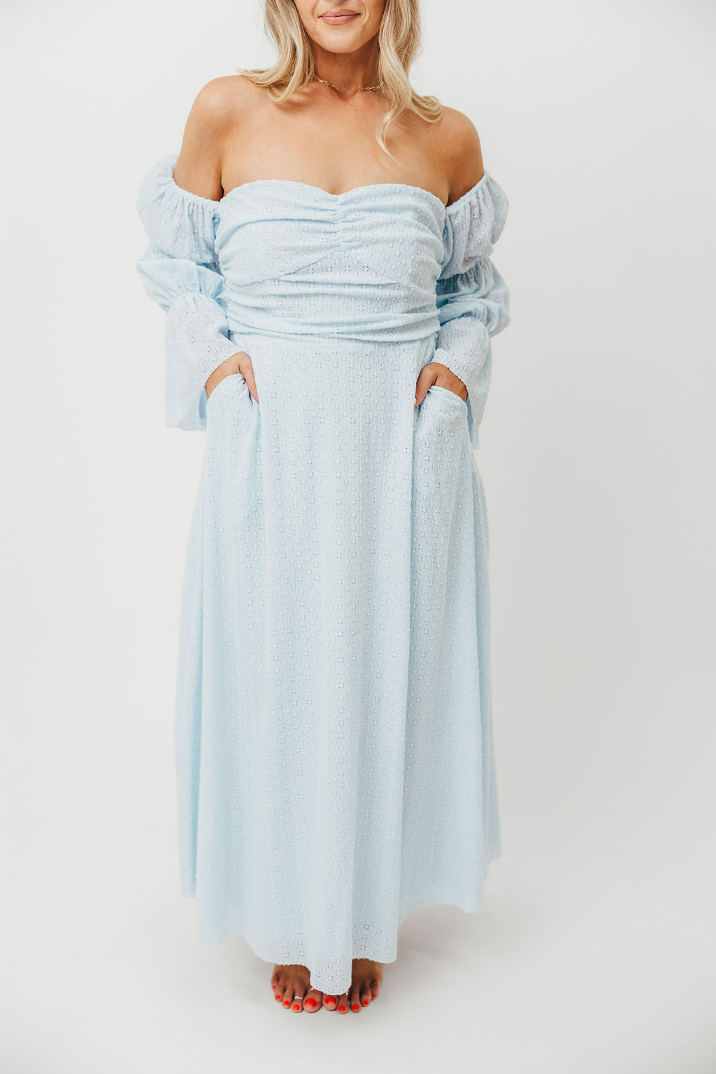 Corrine Tiered Sleeve Maxi Dress with Pockets - Baby Blue Maternity Dress for Pregnancy | Bump Friendly & Comfortable for Special Occasions, Baby Showers, and Summer Weddings