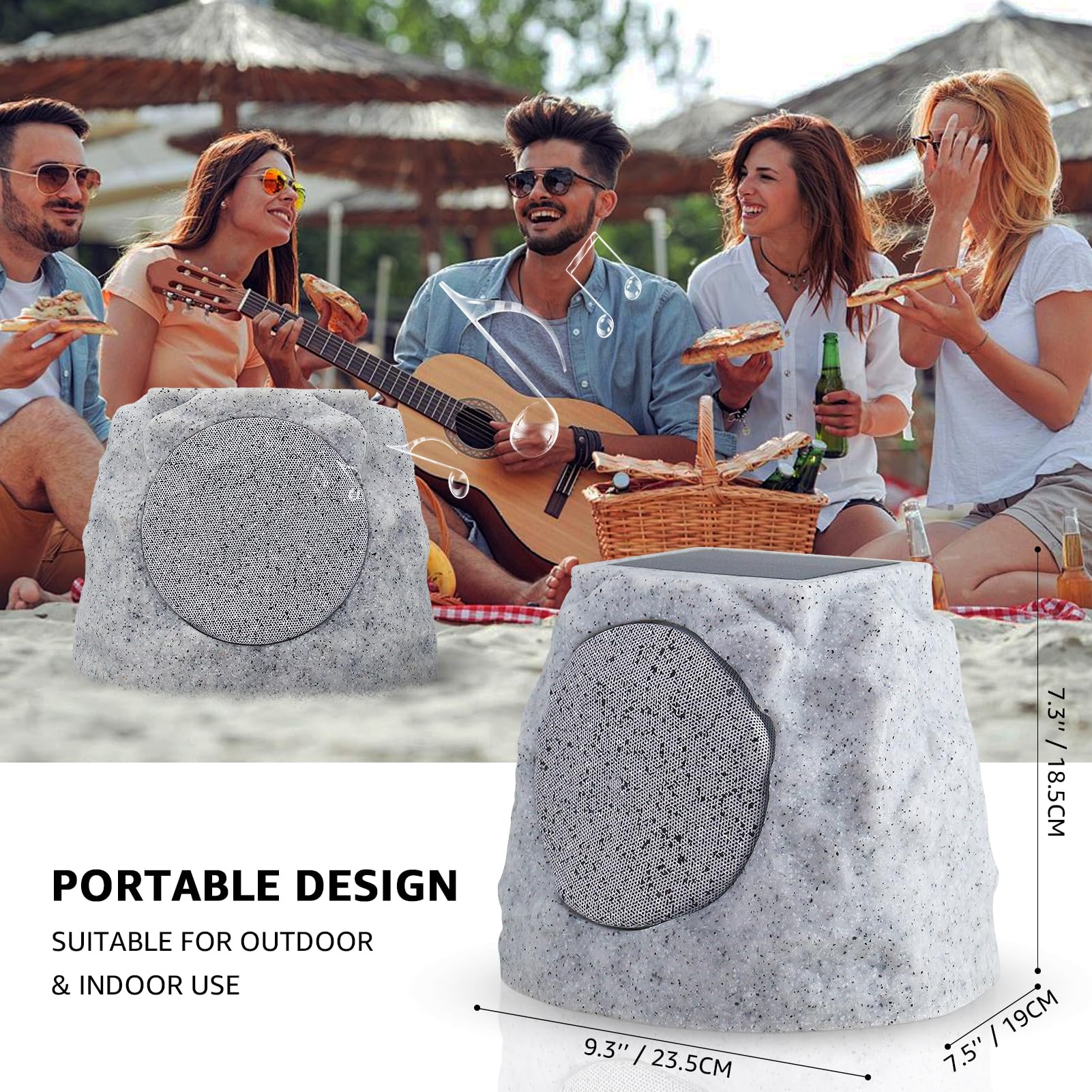 Outdoor Rock Speakers 2 Pack - Solar Powered, Waterproof, Wireless Bluetooth Portable Speakers with RGB Lights for Patio, Pool, Deck, Yard & Garden - Perfect for Outdoor Parties, BBQs & Backyard Entertainment