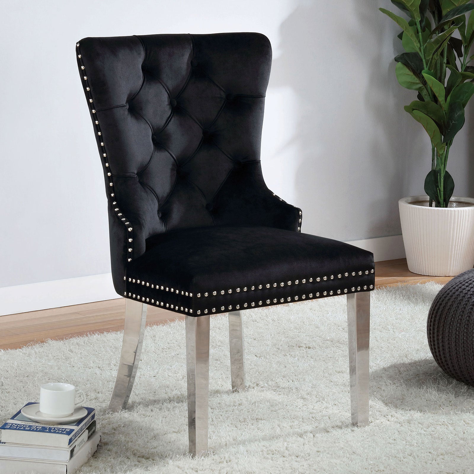 Modern Black Flannel 2-Piece Side Chairs Set - Button Tufted Upholstered Dining Chairs with Wingback Design for Living Room, Dining Room & Home Office