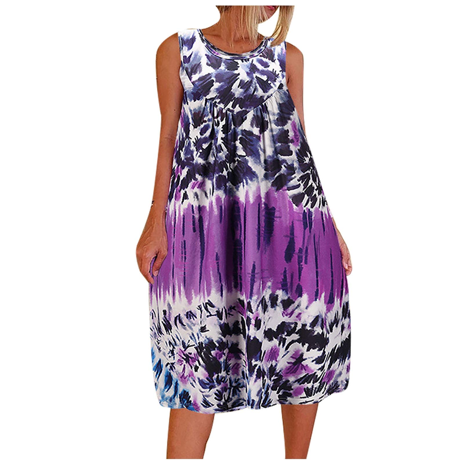 Vibrant Round Neck Tie-Dye Sleeveless Summer Dress for Women - Multi-Color Casual Fashion (Purple, Size S) | Perfect for Beach Outings, Picnics & Summer Vacations