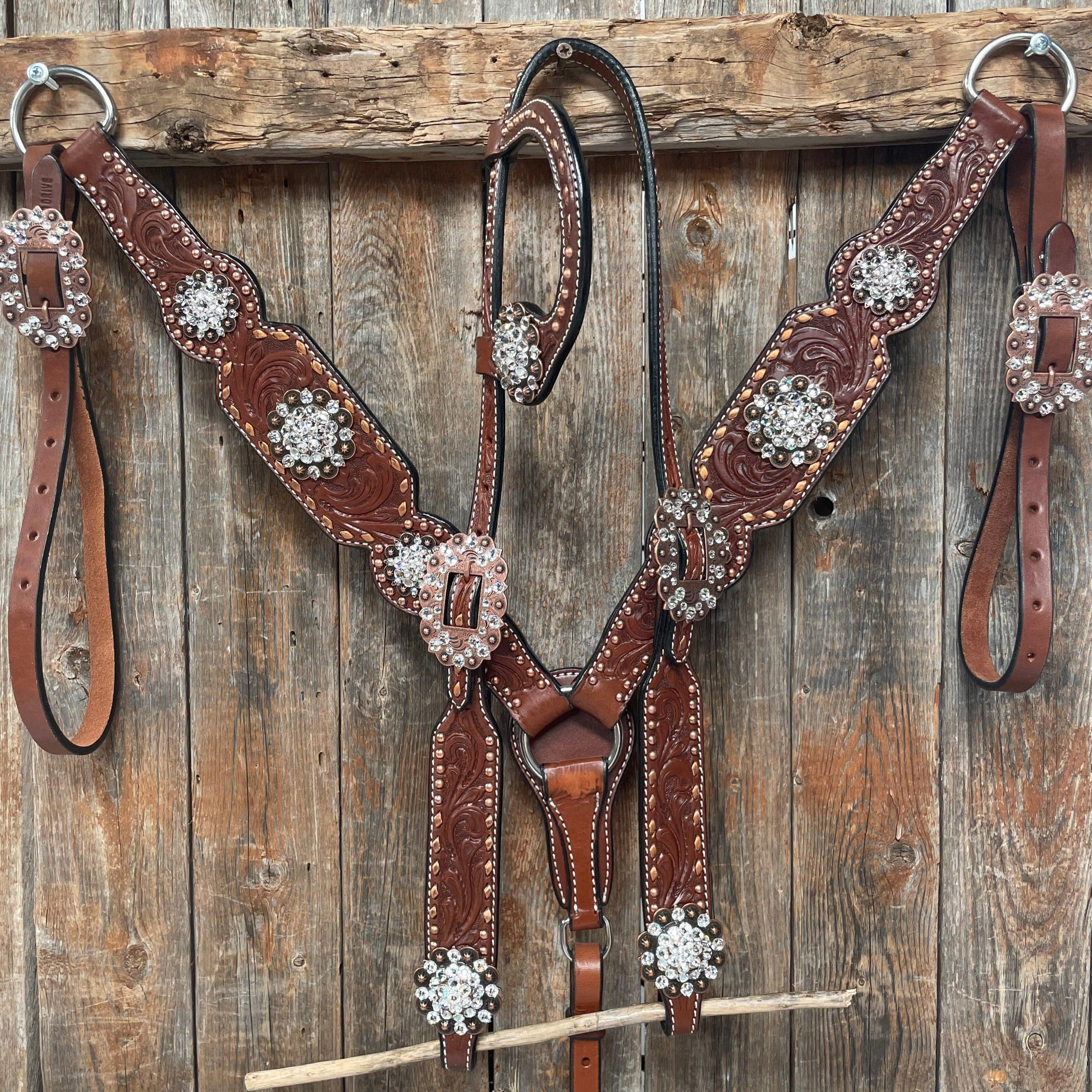 Premium Medium Oil Copper Buckstitch Clear One Ear & Breastcollar Tack Set #OEBC450 – Perfect for Western Riding, Horse Shows & Trail Riding