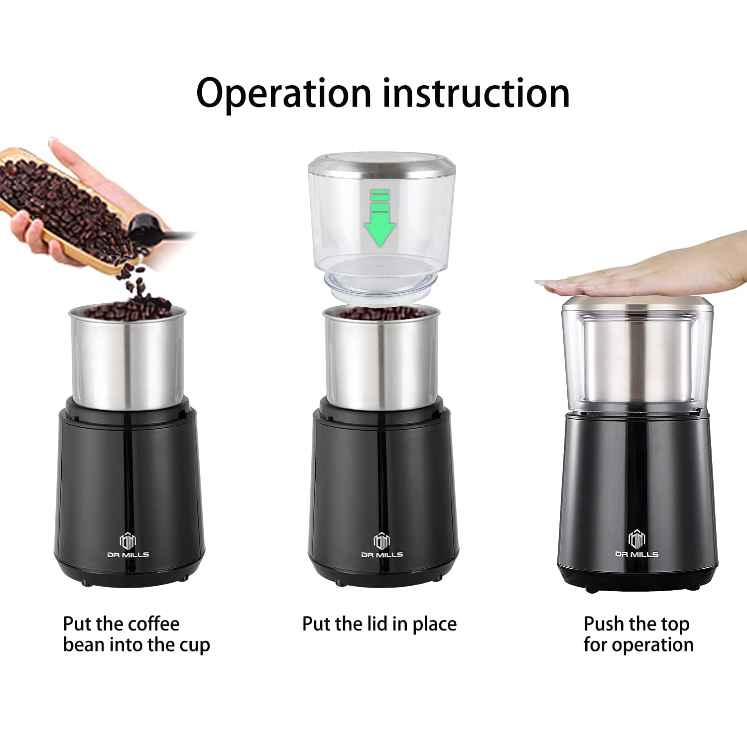 DR MILLS DM-7451 Electric Spice & Coffee Grinder - Detachable Cup, Dishwasher Safe - Perfect for Grinding Coffee Beans, Nuts, Herbs & Spices at Home or Cafe