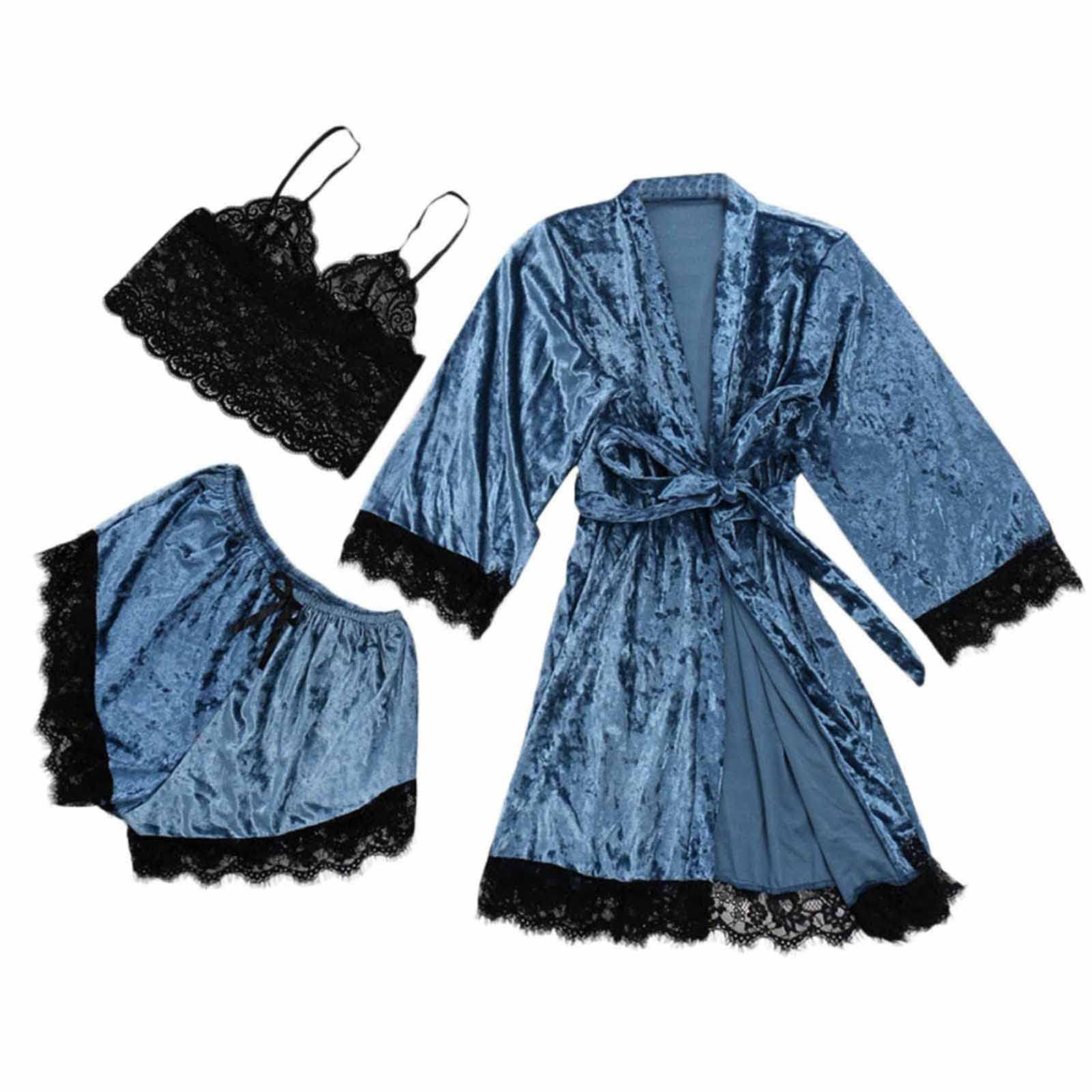 Sexy Lace Trim Velvet Sleepwear Set - 2PC Women's Cami Dress & Long Sleeve Coat Nightgown for Valentine's Day, Anniversary Gift | Cozy Winter Loungewear for Date Night & Relaxing at Home