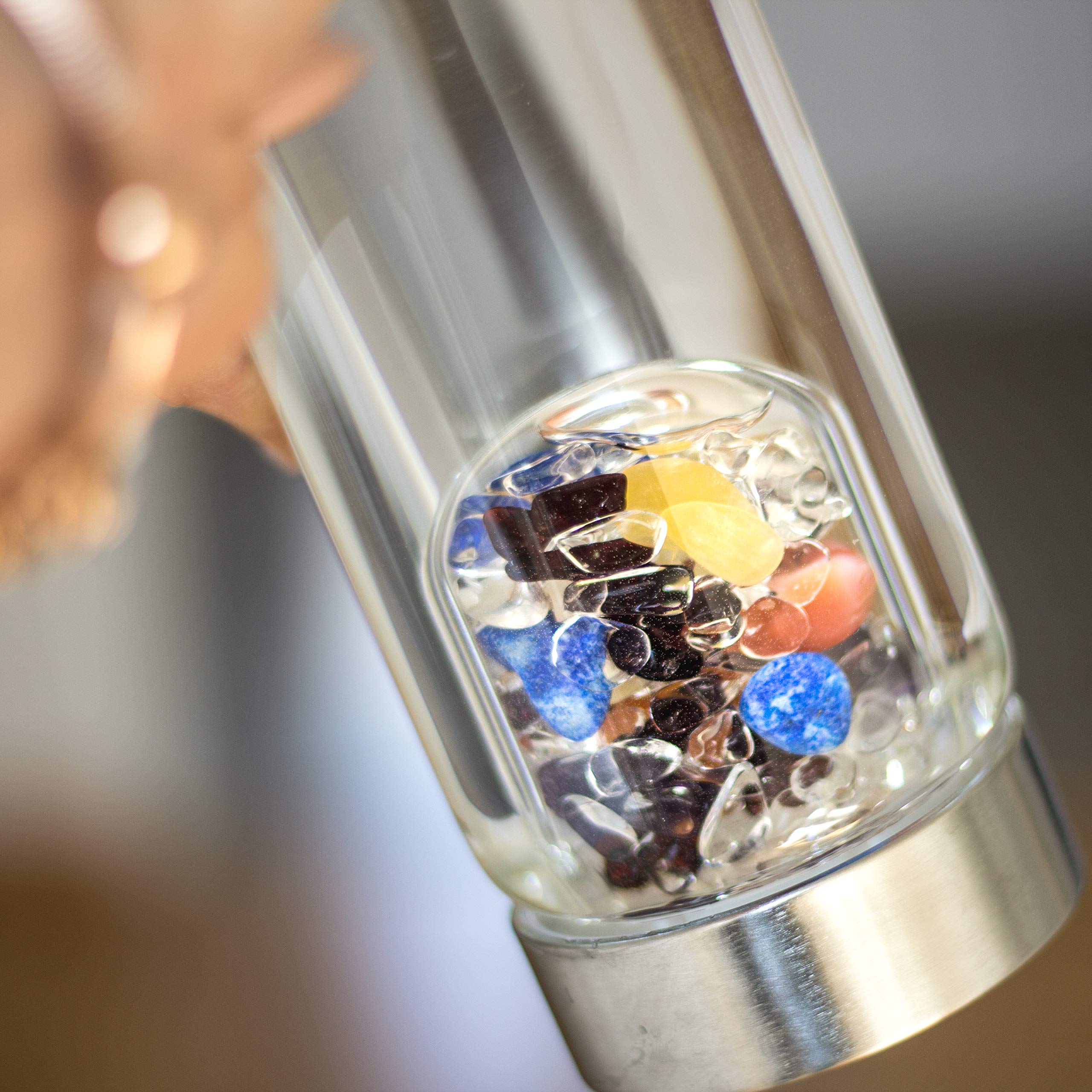 VitaJuwel ViA AYURVEDA Crystal Water Bottle with Amethyst, Milk Opal, Lapis Lazuli, Garnet, Carnelian & Orange Calcite - Infused Water for Wisdom, Intuition & Joy | Perfect for Yoga, Meditation & Energy Healing
