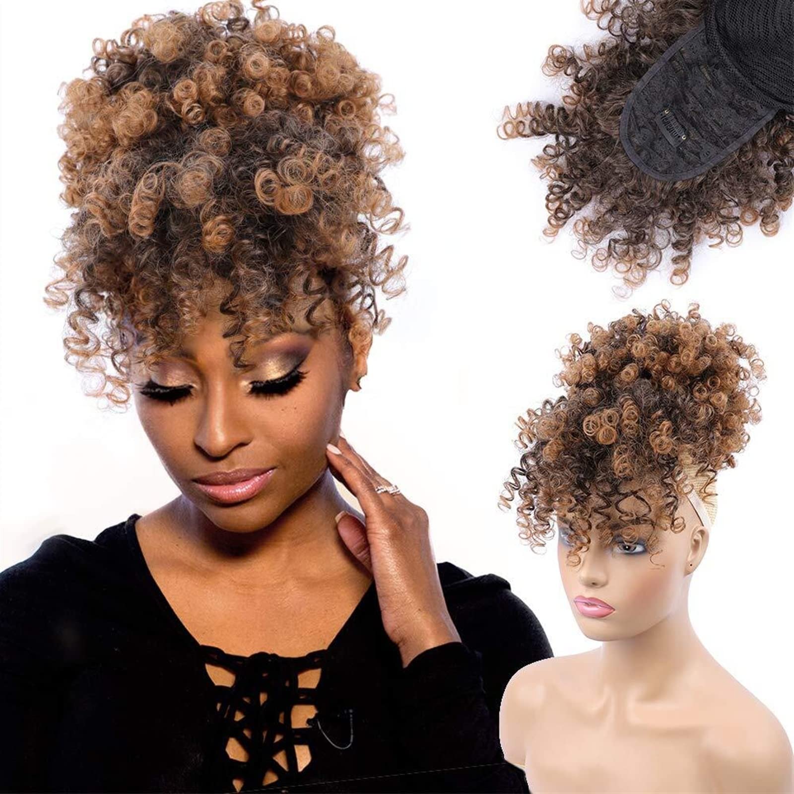 Afro High Puff Synthetic Hair Bun with Bangs - Kinky Curly Drawstring Ponytail Extension for Black Women | Clip-in Chignon for Natural Hairstyles | Perfect for Protective Styling, Everyday Wear & Special Occasions