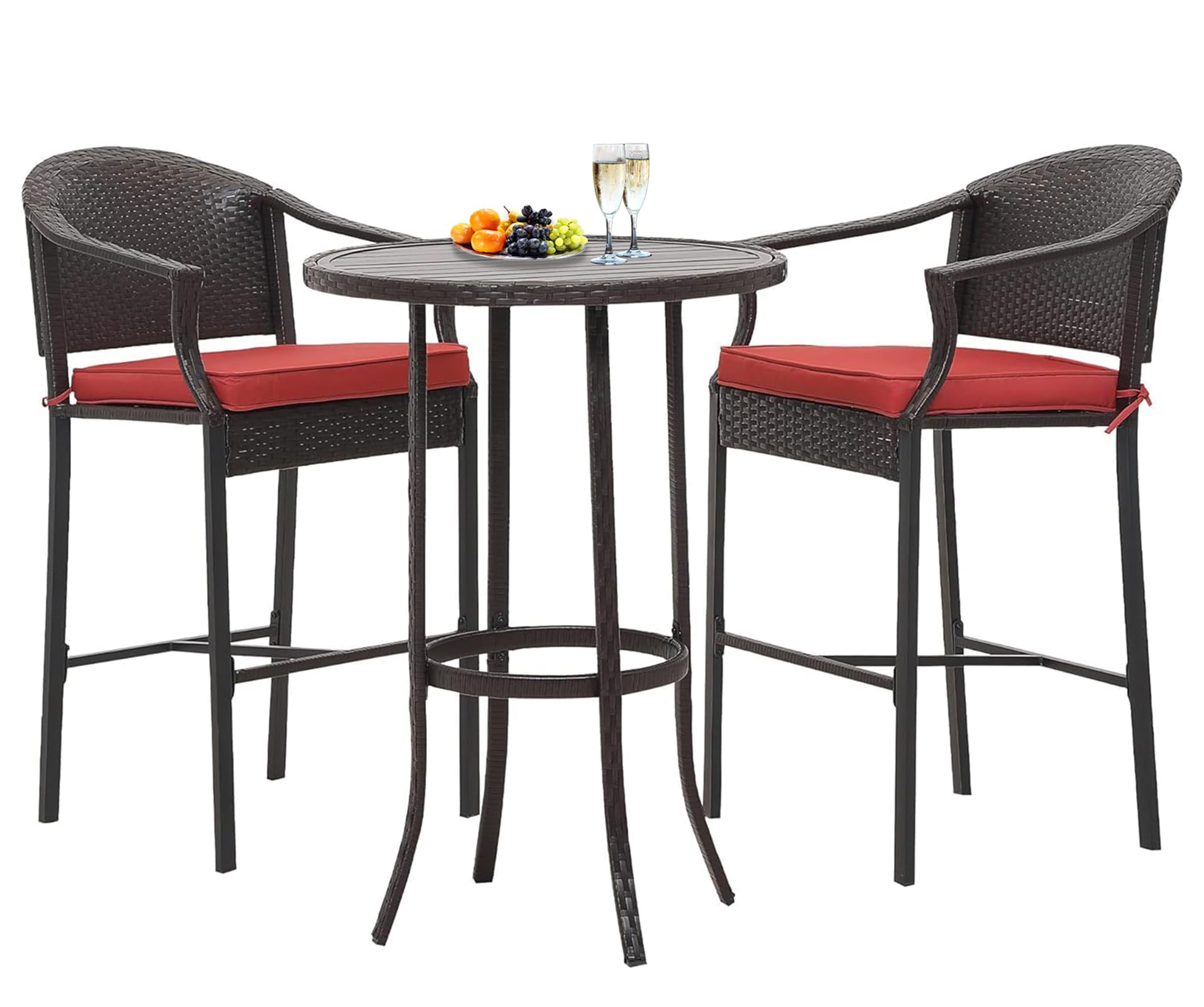 3-Piece Patio Bar Set with Rattan Bar Height Table & Chairs - Wicker Outdoor Furniture for Backyard, Poolside, Balcony - Includes Barstools & Red Cushions - Perfect for Outdoor Entertaining, Lounging & Relaxation
