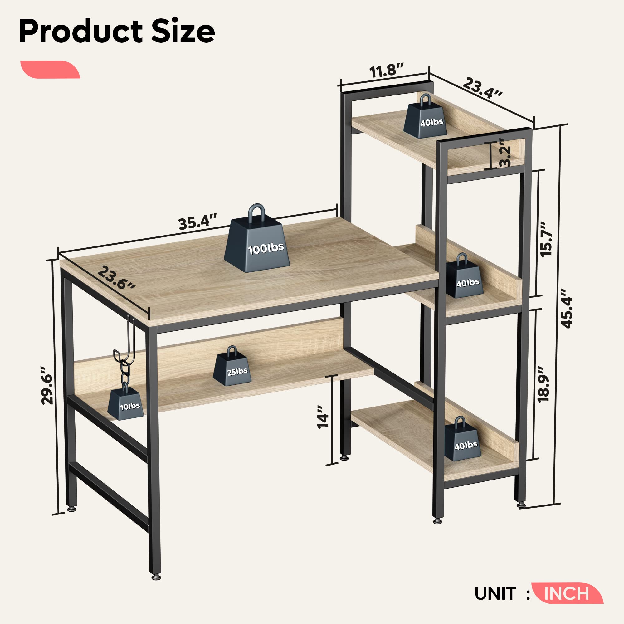 Bestier Computer Office Desk with Steel Frame - Reversible Bookshelves, Headphone Hook & Adjustable Feet - Spacious Under Desk Storage - Oak Wood Home Office Desk for Work, Study & Gaming
