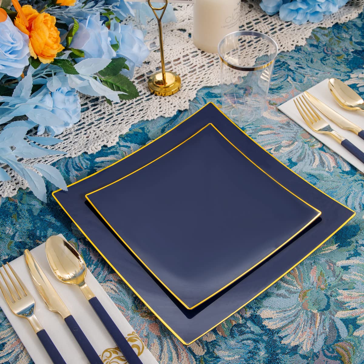 140-Piece Blue Plastic Dinnerware Set - Disposable Gold Square Plates, 20 Dinner Plates, 20 Dessert Plates, 20 Knives, 20 Forks, 20 Spoons, 20 Napkins & 20 Cups - Elegant Tableware for Weddings, Parties & Outdoor Events
