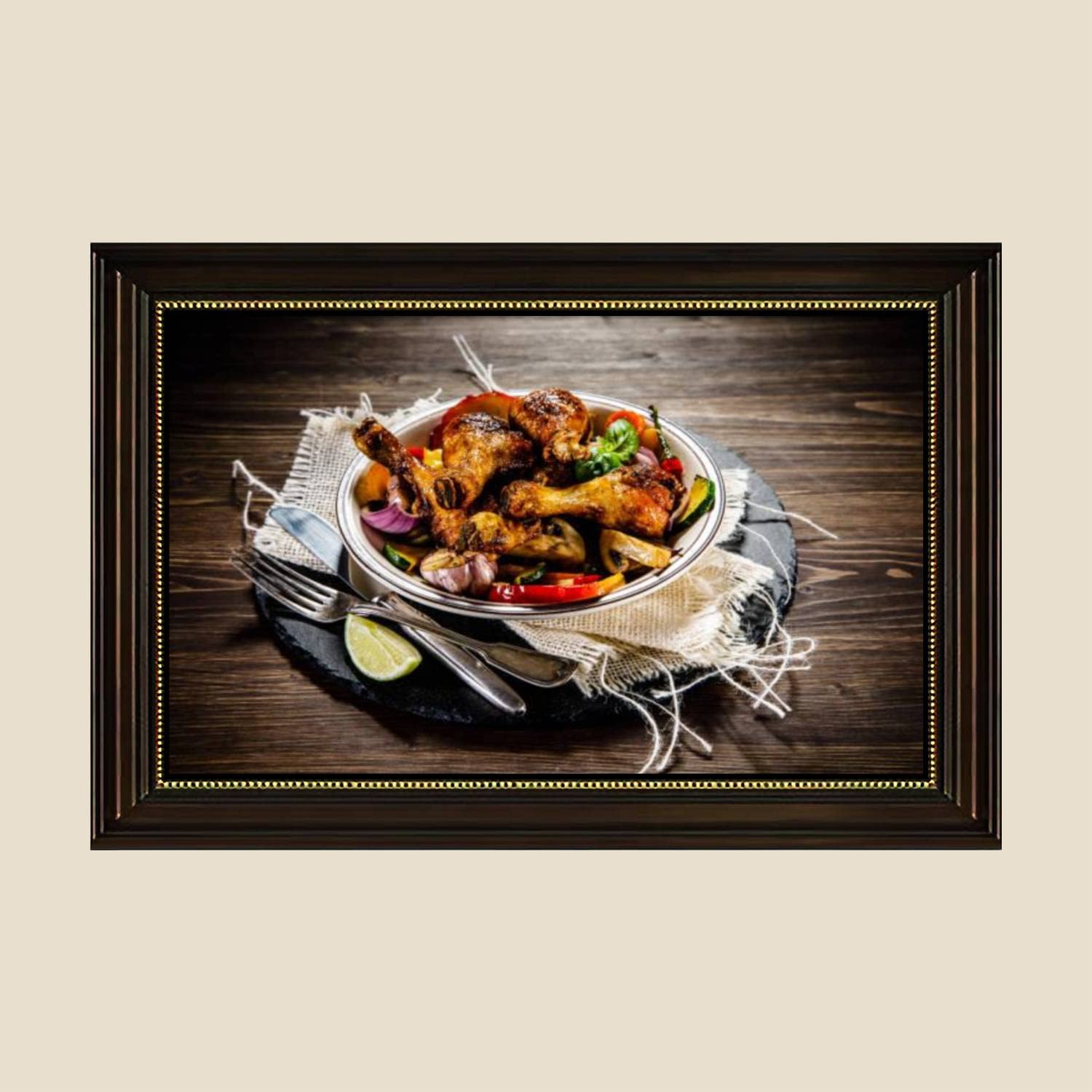 Fried Chicken Drumsticks Vegetables Canvas Wall Art Print - Retro Kitchen Decor Painting Poster 24x36 Inch - Ready to Hang for Dining Room, Restaurant & Home Decor
