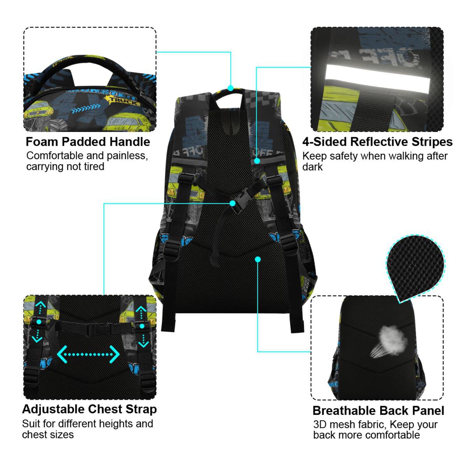 **Monster Truck Backpack for Boys & Girls - Durable School Backpack, Kids Bookbag for Elementary Students, Travel Rucksack - Perfect for School, Hiking & Daily Adventures**