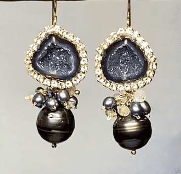 Exquisite Black Tabasco Geode Earrings with Tahitian Pearls & Opal Clusters – Elegant Boho Jewelry for Women, Perfect for Weddings, Parties & Special Occasions