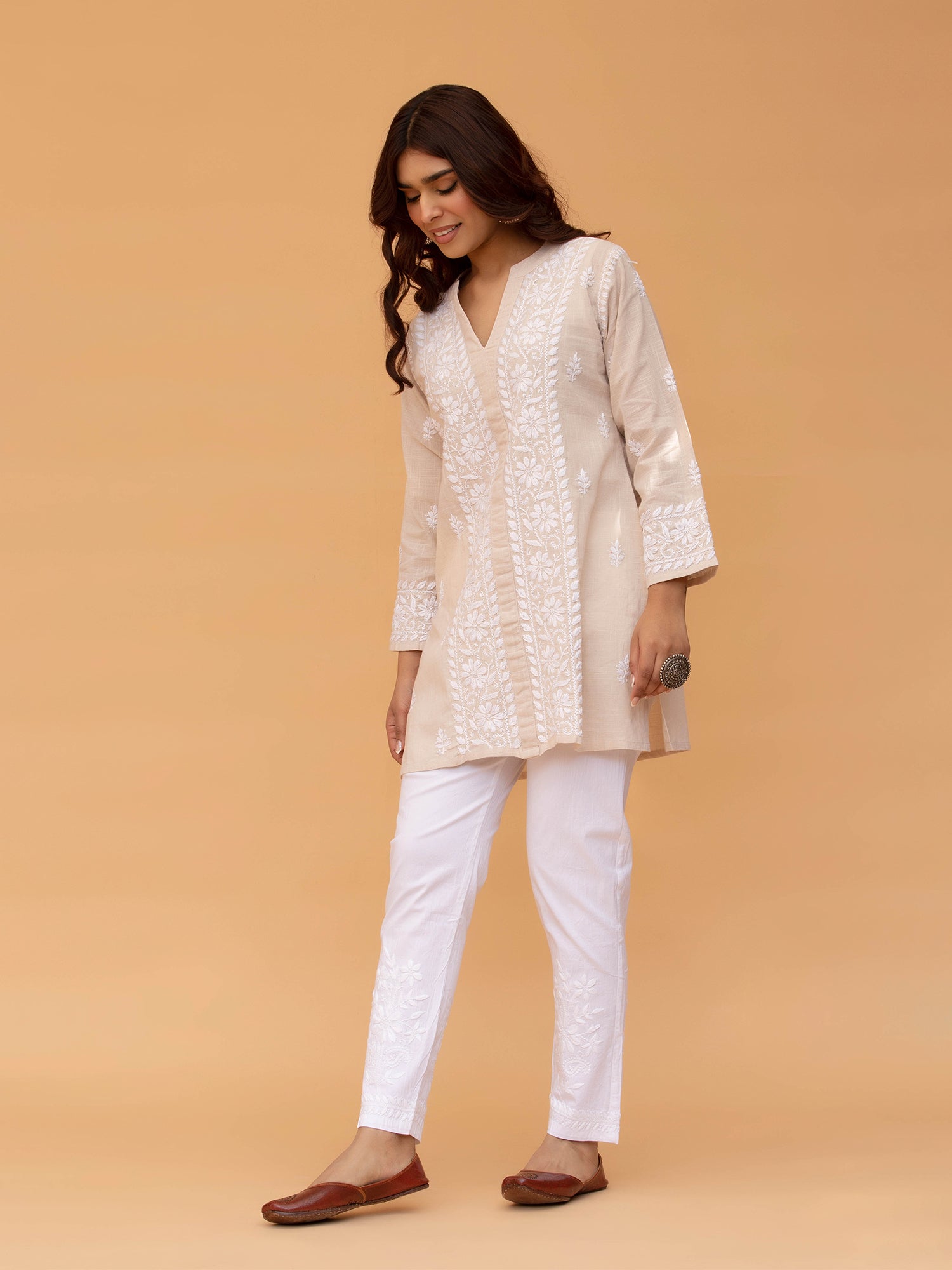 Elegant Saba Chikankari Embroidered Short Kurta - Premium Slub Cotton Beige Tunic for Women | Perfect for Casual Wear, Festivals & Summer Outfits