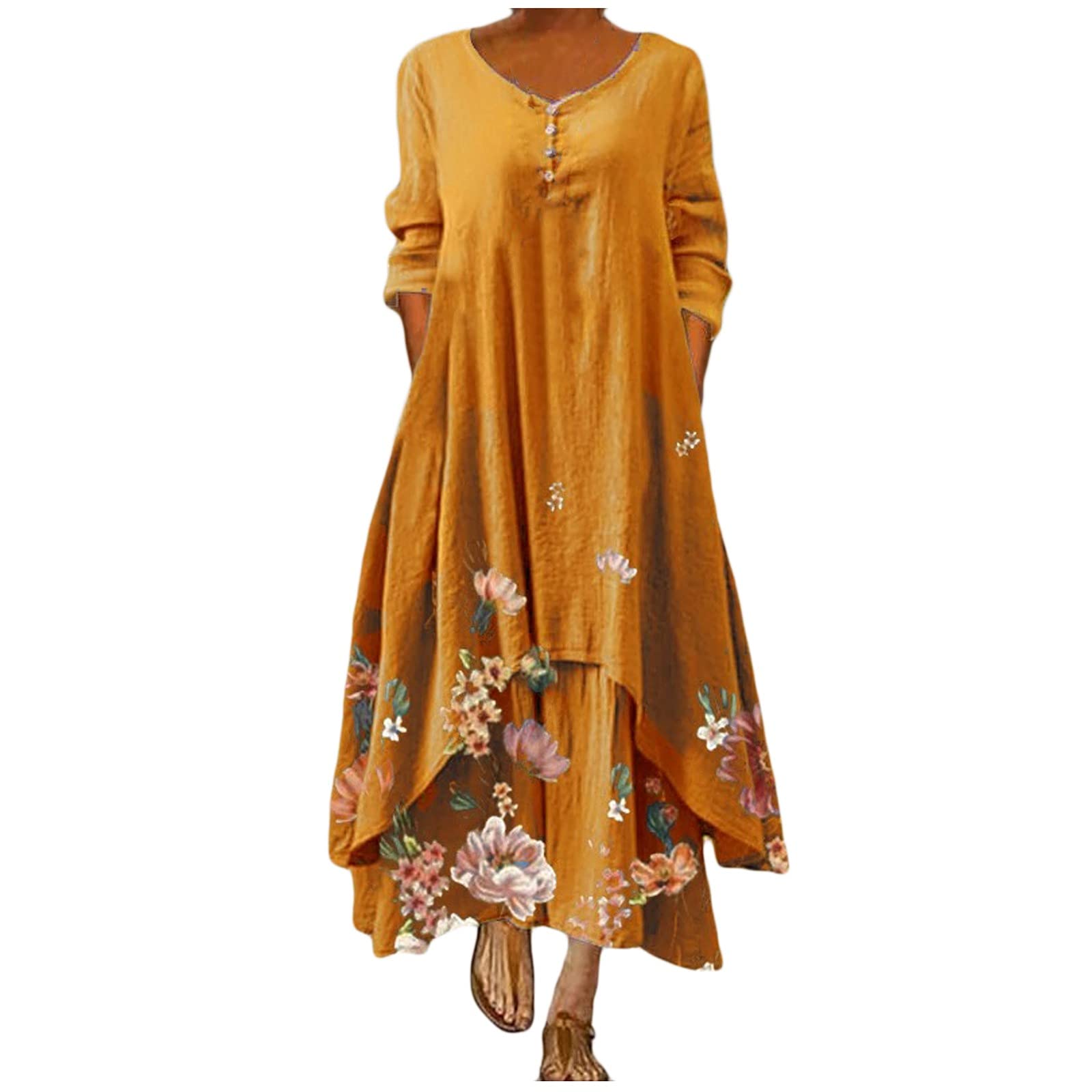 Bohemian Cotton Linen Dress for Women - Long Sleeve Crew Neck Floral Print Boho Maxi Dress - Perfect for Beach Vacations, Summer Festivals & Casual Outings