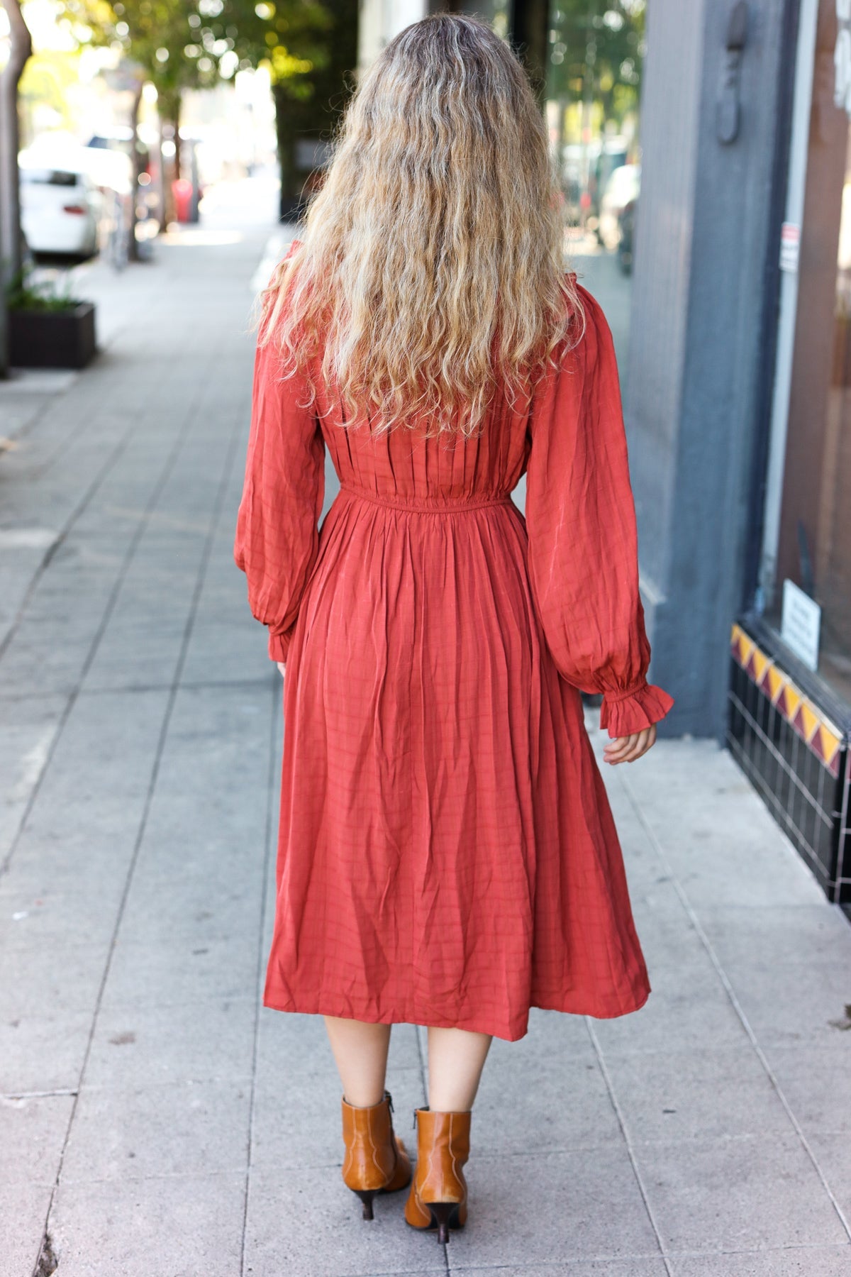 Love Found Rust Mock Neck Embossed Lined Dress - Elegant Fall Women's Dress for Date Night, Office Wear & Special Occasions
