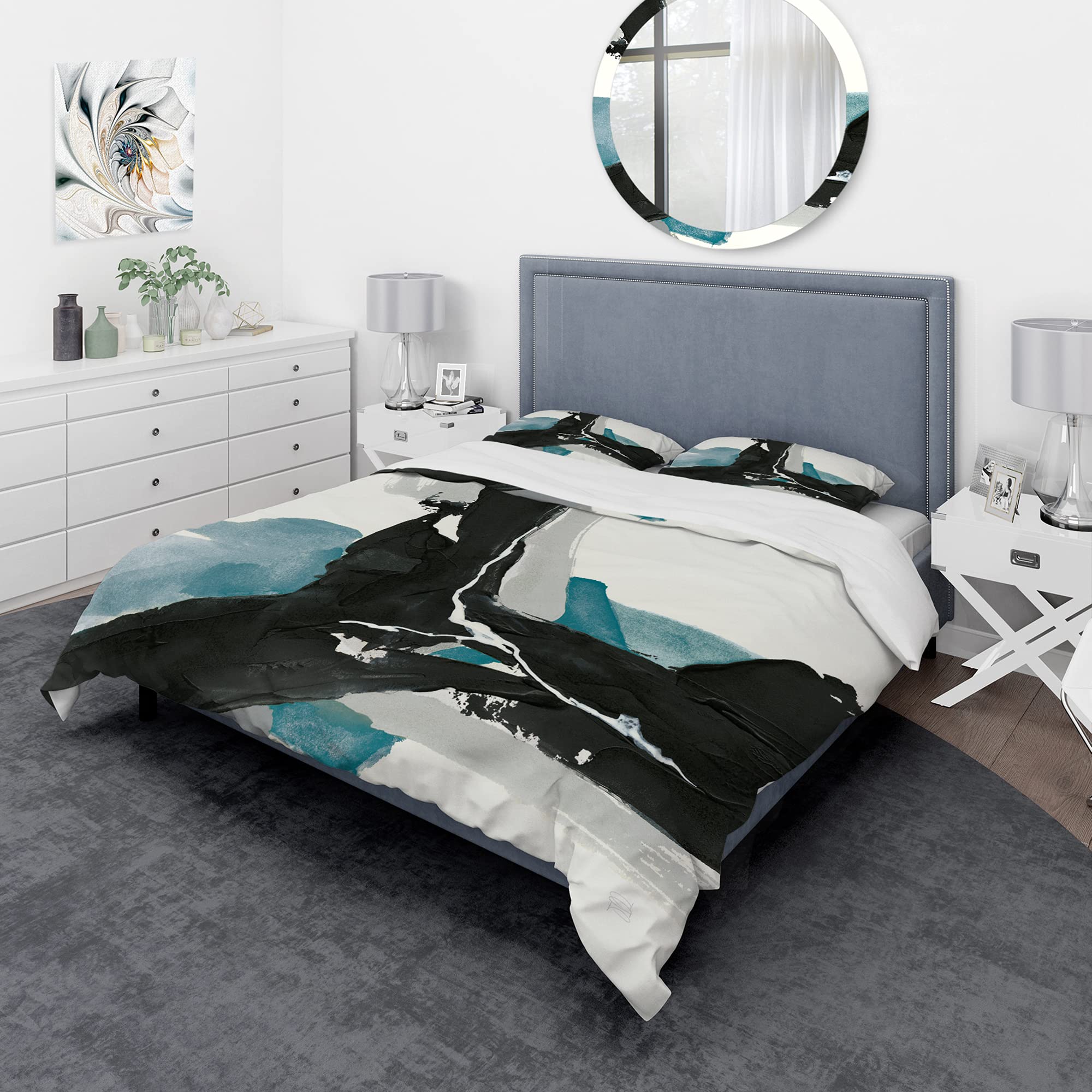 DesignQ Geometric Black and Teal Modern Duvet Cover Set King - 3 Piece Abstract Bedding Set for All Seasons | Contemporary Black & Teal Comforter Cover for Master Bedroom, Guest Room & Dorm Decor