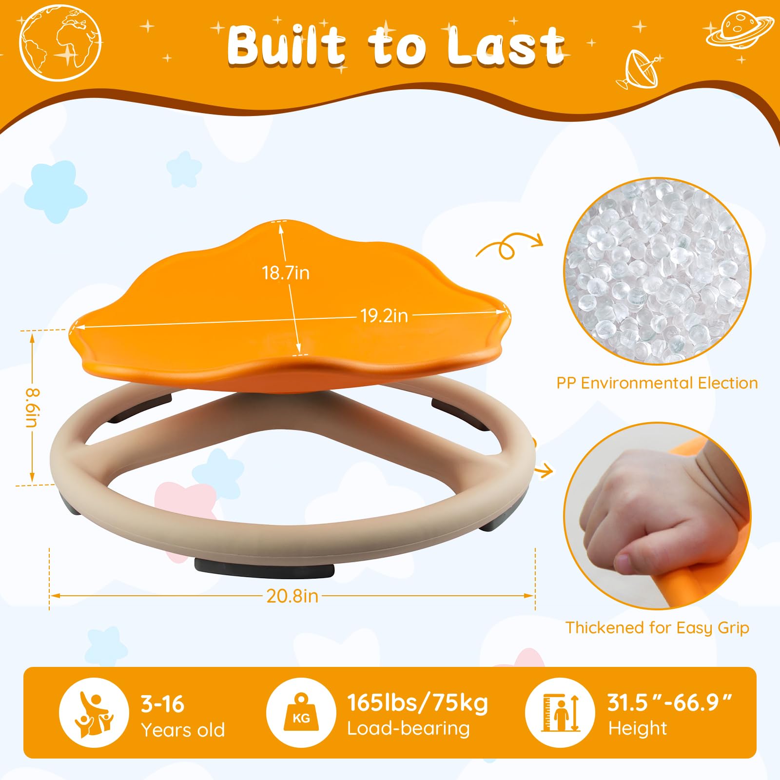 360° Rotating Sensory Spinner Chair for Kids Ages 3-8 - Anti-Slip Swivel Seat Toy for Autistic Children, Indoor/Outdoor Balance Training & Calming Play (Orange) - Perfect for Sensory Rooms, Classrooms & Home Therapy