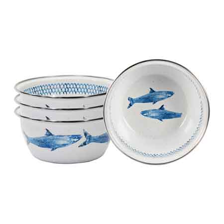 Fish Camp Enamelware Bowls - Set of 4 for Cereal, Salad & Camping | Durable Melamine Dinnerware for Outdoor Picnics, BBQs & Family Meals