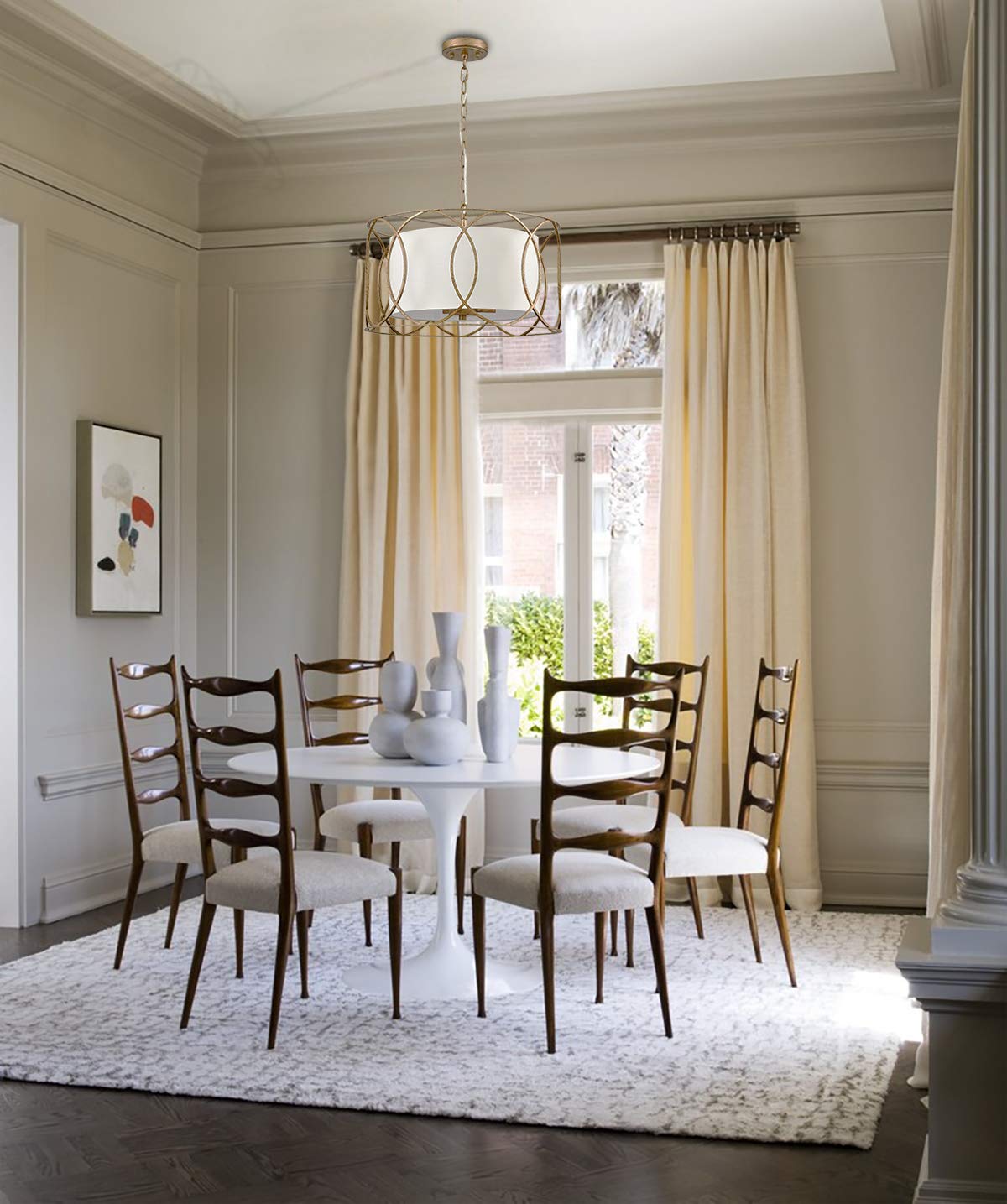 HYDELITE Brass Drum Pendant Light - 3-Light Modern Chandelier for Dining Table with White Linen Shade - Perfect for Kitchen Island, Breakfast Nook & Farmhouse Decor