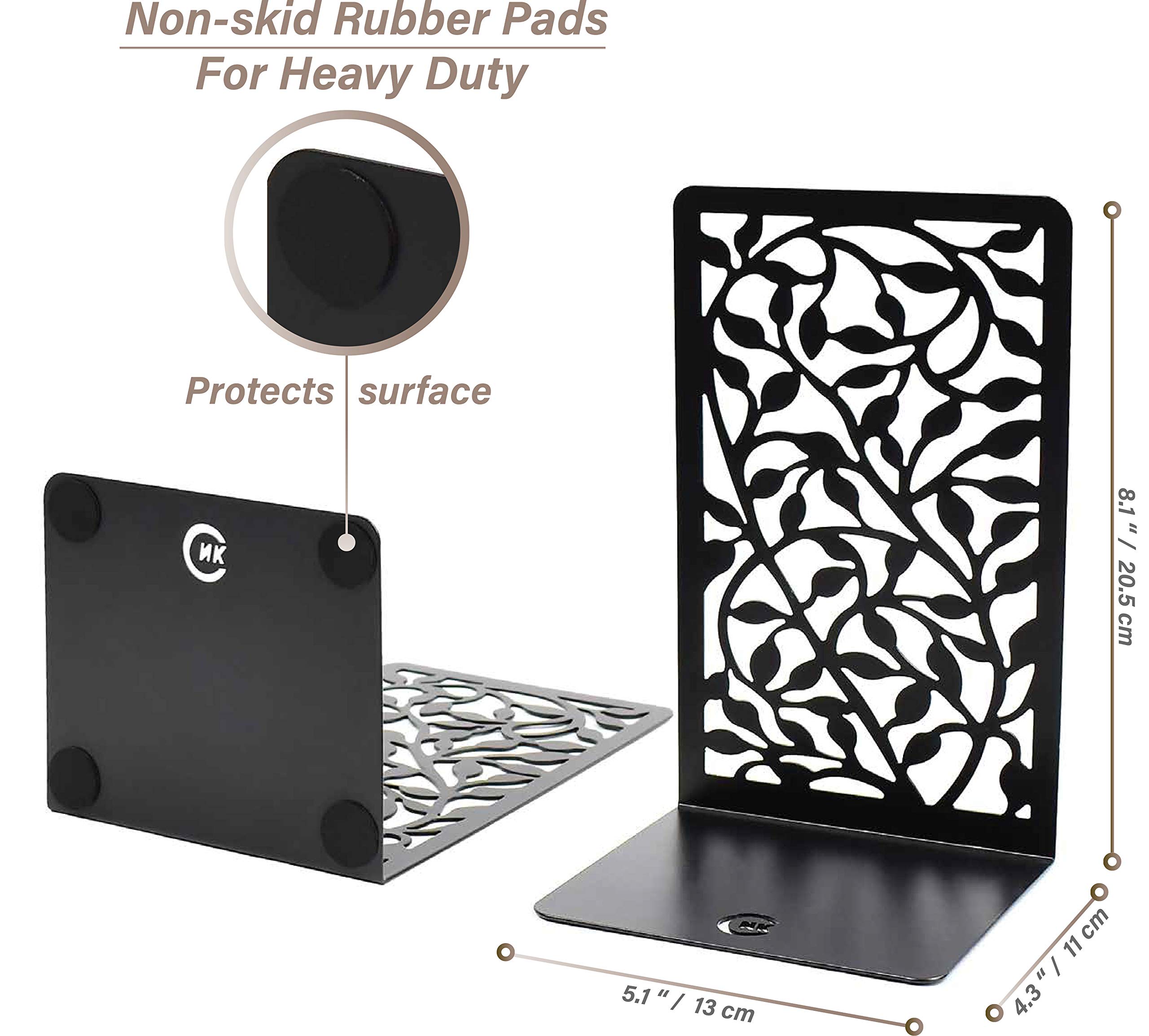 CNK Metal Bookends for Heavy Books - Set of 2 Black Infinite Leaf Design Book Holders for Home Office & Bookshelves - Perfect for Organizing Books, Decorative Display, and Securing Large Volumes