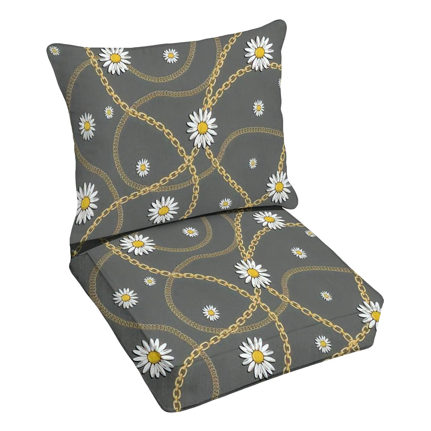 Premium Outdoor Deep Seating Cushion Set - Golden Chain with Daisy Design, Hand-Drawn Doodle Patterns - Replacement Cushions for Patio Lounge Chairs - Perfect for Backyard, Poolside & Garden Relaxation