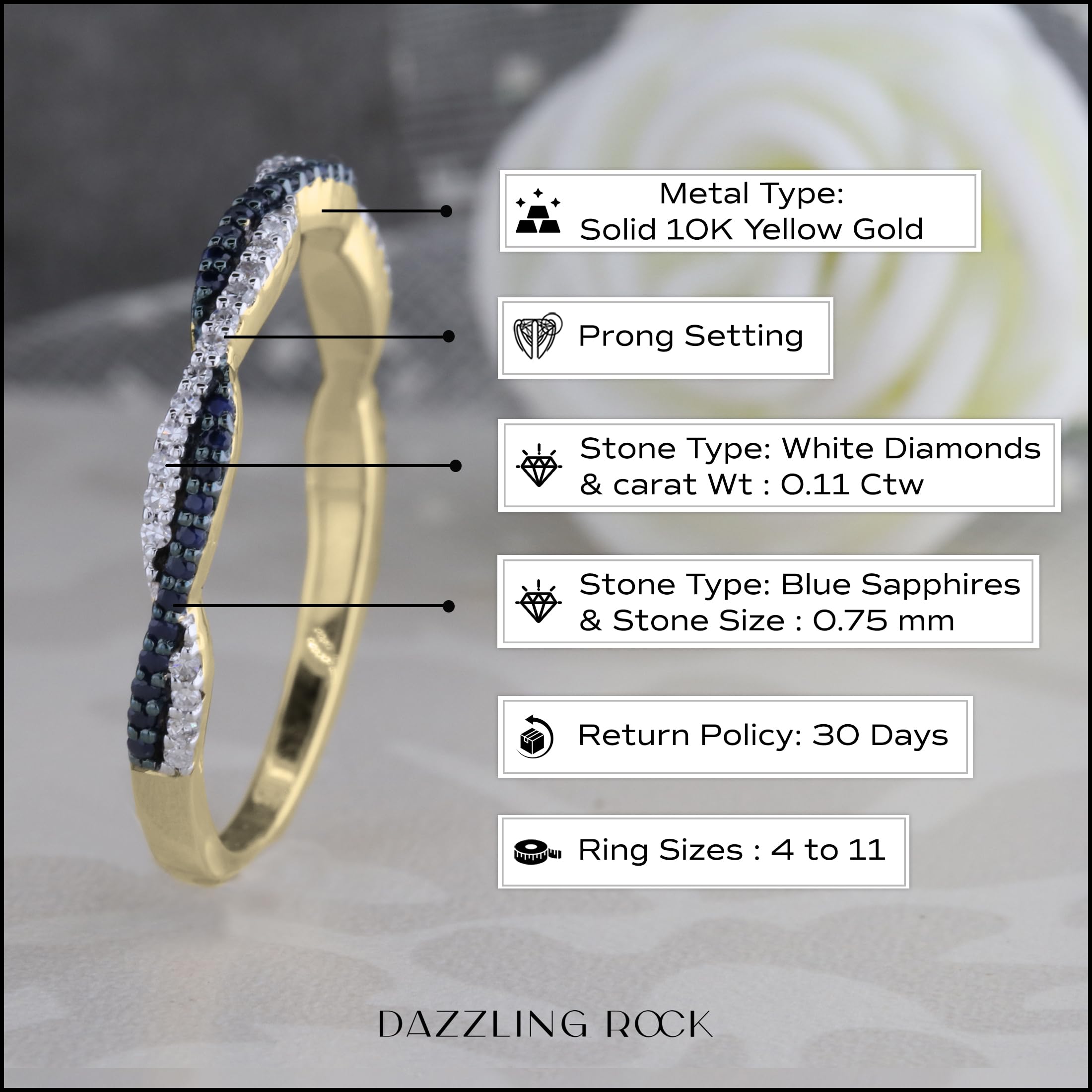 10K Solid Gold Round Blue Sapphire & White Diamond Swirl Stackable Ring for Women | Dazzlingrock Collection | Perfect for Weddings, Anniversaries & Special Occasions
