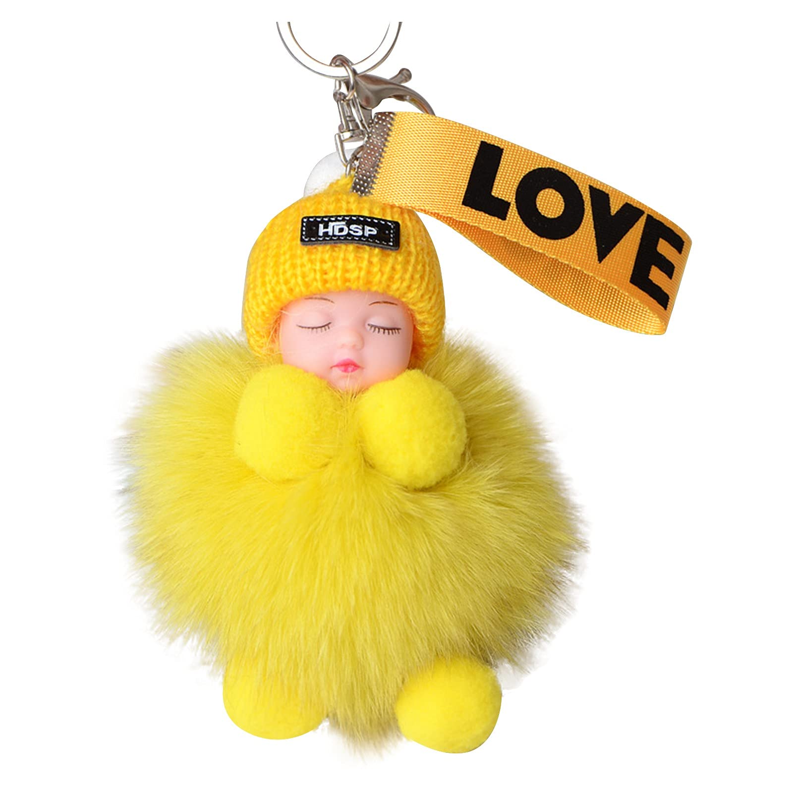Soft Furry Pompon Keychains for Babies - Sleeping Car Design, Handbag Pendants, Ideal for Nursery Decor & Baby Shower Gifts