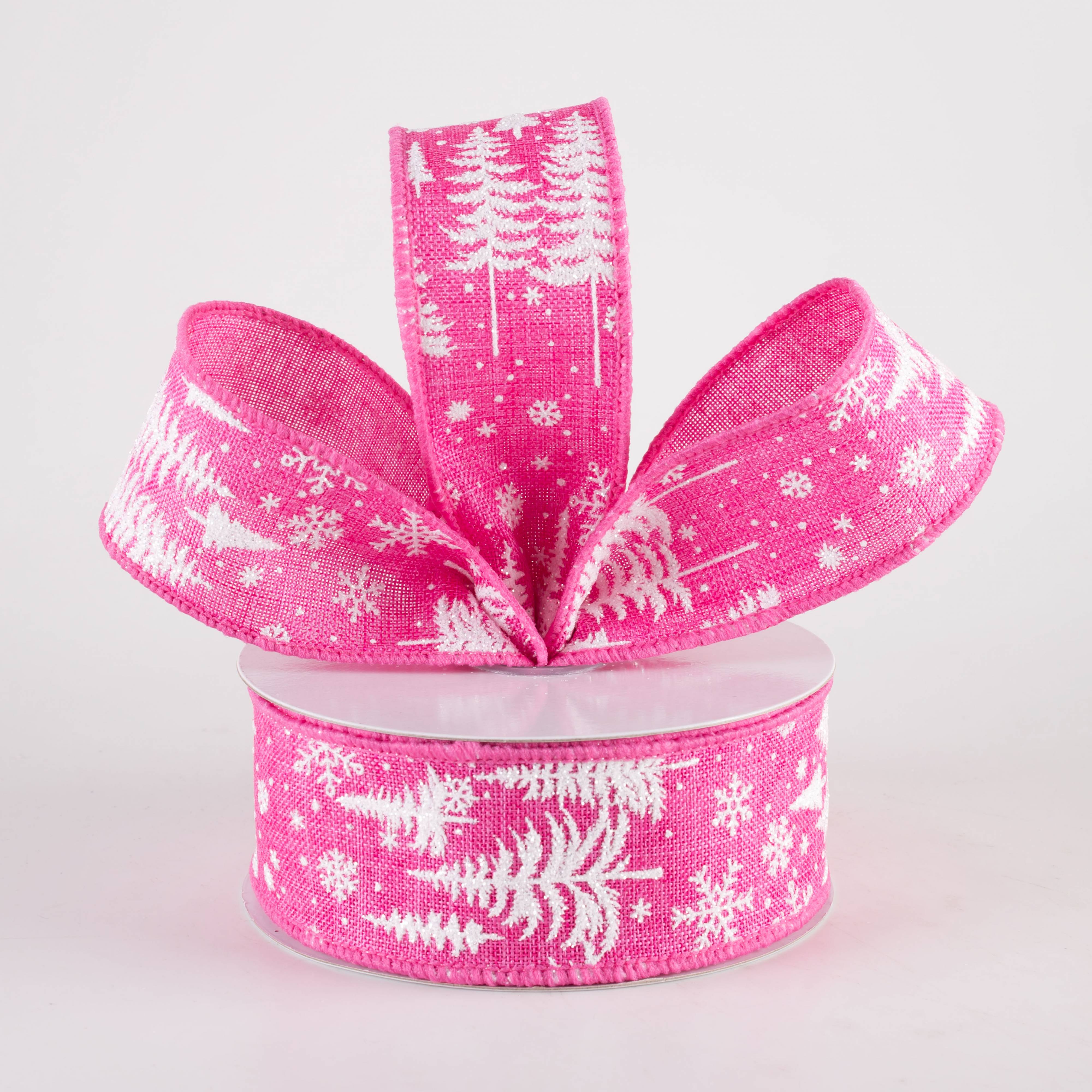 1.5 Inch Pine Trees & Snowflakes Christmas Ribbon - Hot Pink Decorative Ribbon (10 Yards) for Gift Wrapping, Holiday Decorations, Tree Trimming and DIY Crafts