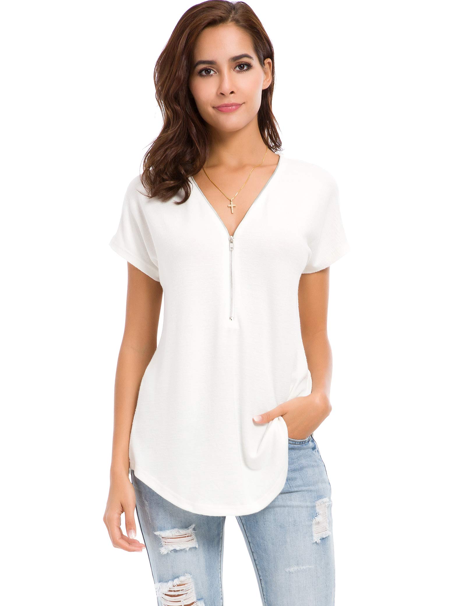 LUSMAY Women's Casual V-Neck Short Sleeve Tunic Top - Loose Fit Zipper T-Shirt Blouse for Everyday Wear, Work & Outings