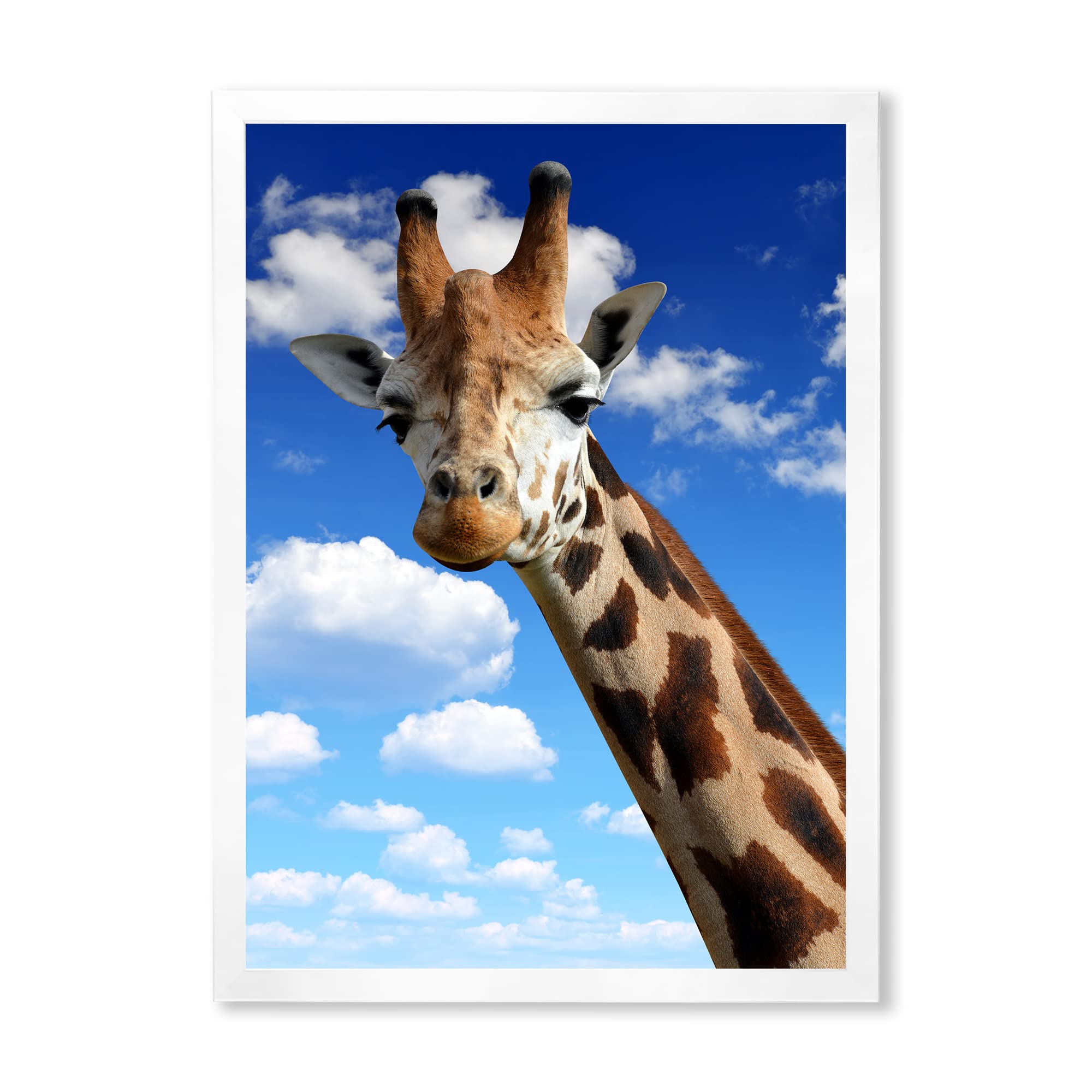 DesignQ Framed Wall Art - Giraffe Portrait on Blue Sky Farmhouse Decor - Perfect for Living Room, Nursery & Office Wall Decor