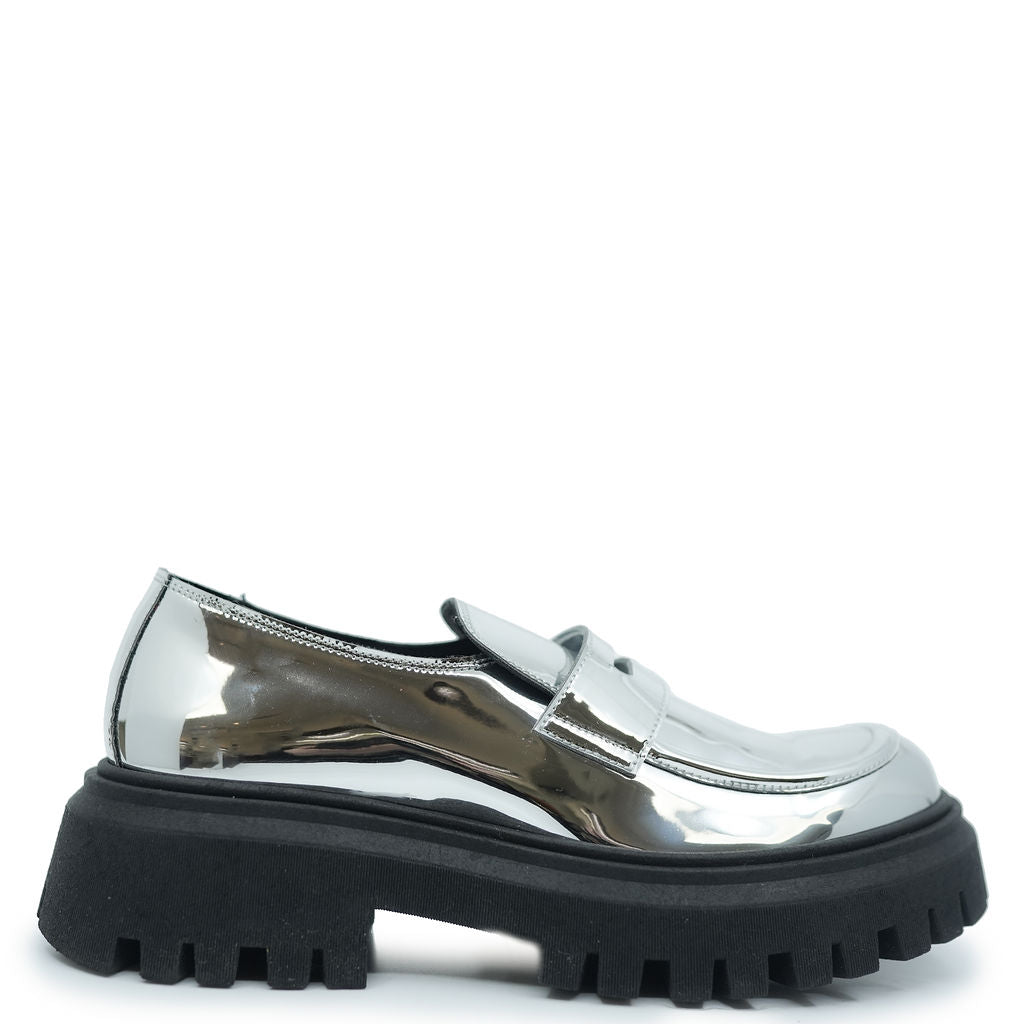Rondinella Women's Chunky Silver Mirror Loafers - Stylish & Comfortable Slip-On Shoes for Casual Outfits, Office Wear & Everyday Use